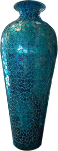 20' Tall Mosaic Floor Vase, Handmade Turquoise Metal Vase with Moorish Floral Glass Inlay, Decorative Accent for Living Room, Bedroom, Entryway & Table Centerpiece