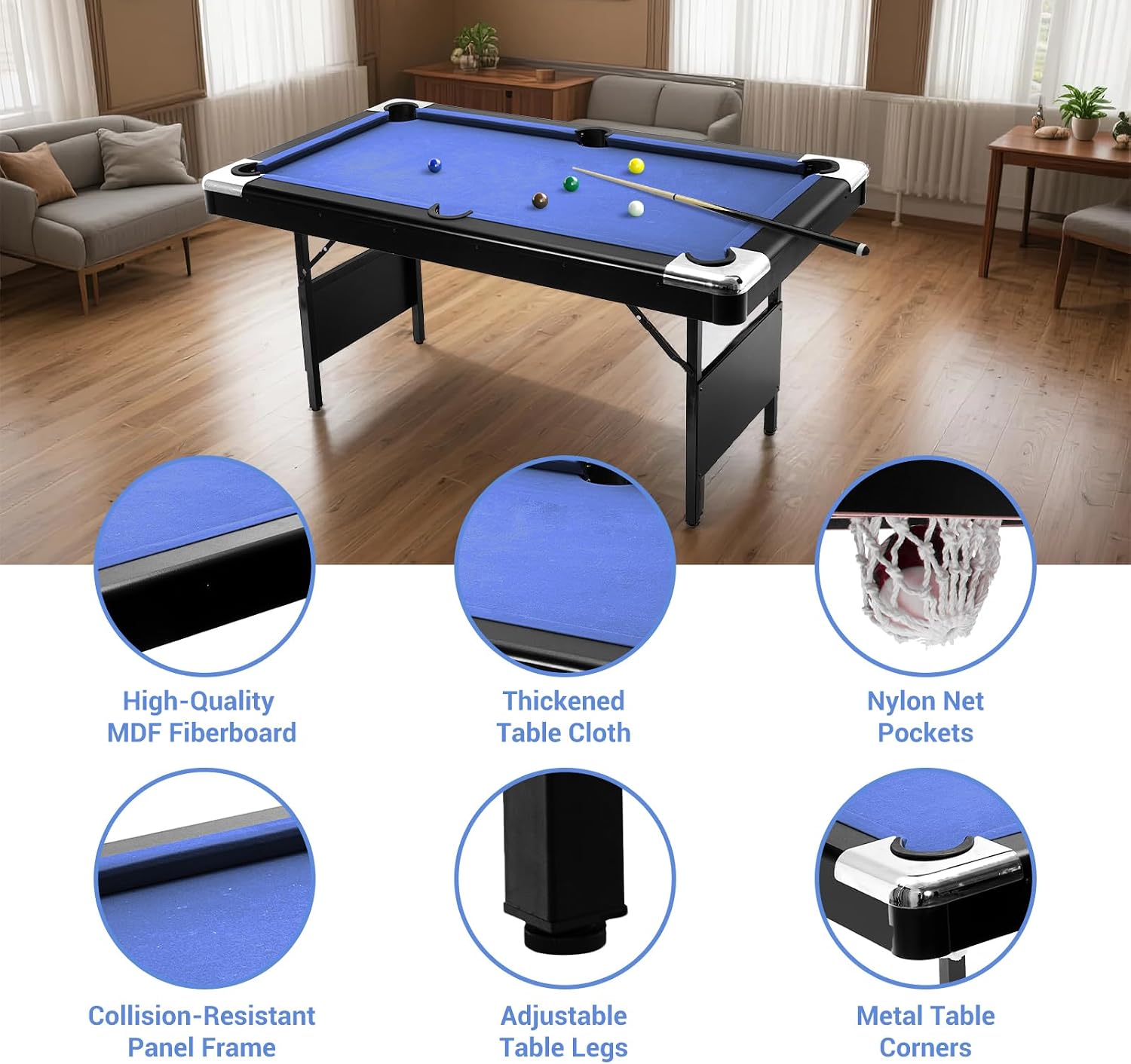 6,7 Foot Foldable Pool Table, Portable Billiards Table with Full Accessories Set, No Assembly, Metal k-Shaped Legs, Includes 16 Balls, 2 Cue Sticks, Chalk, Rack & Brush, Game Room Table for Home, Apar