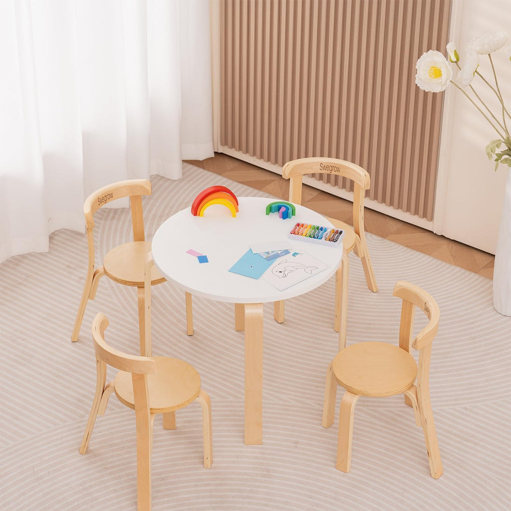 Swegrow Kids Table and 4 Chairs Set, Wooden Table and Chairs for Kids & Toddler，Kid Wooden Furniture for Playroom/Home/Kindergarten