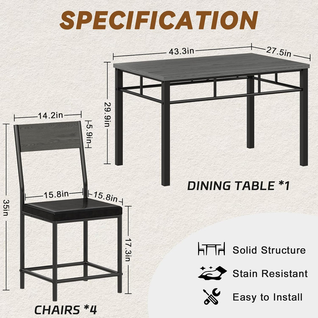 Dining Table Set for 4, 5-Piece Kitchen Table and Chairs Set, Rectangle Wooden Dining Room Table with Metal Frame & MDF Board, Perfect for Small Space, Dinette, Apartment, Grey