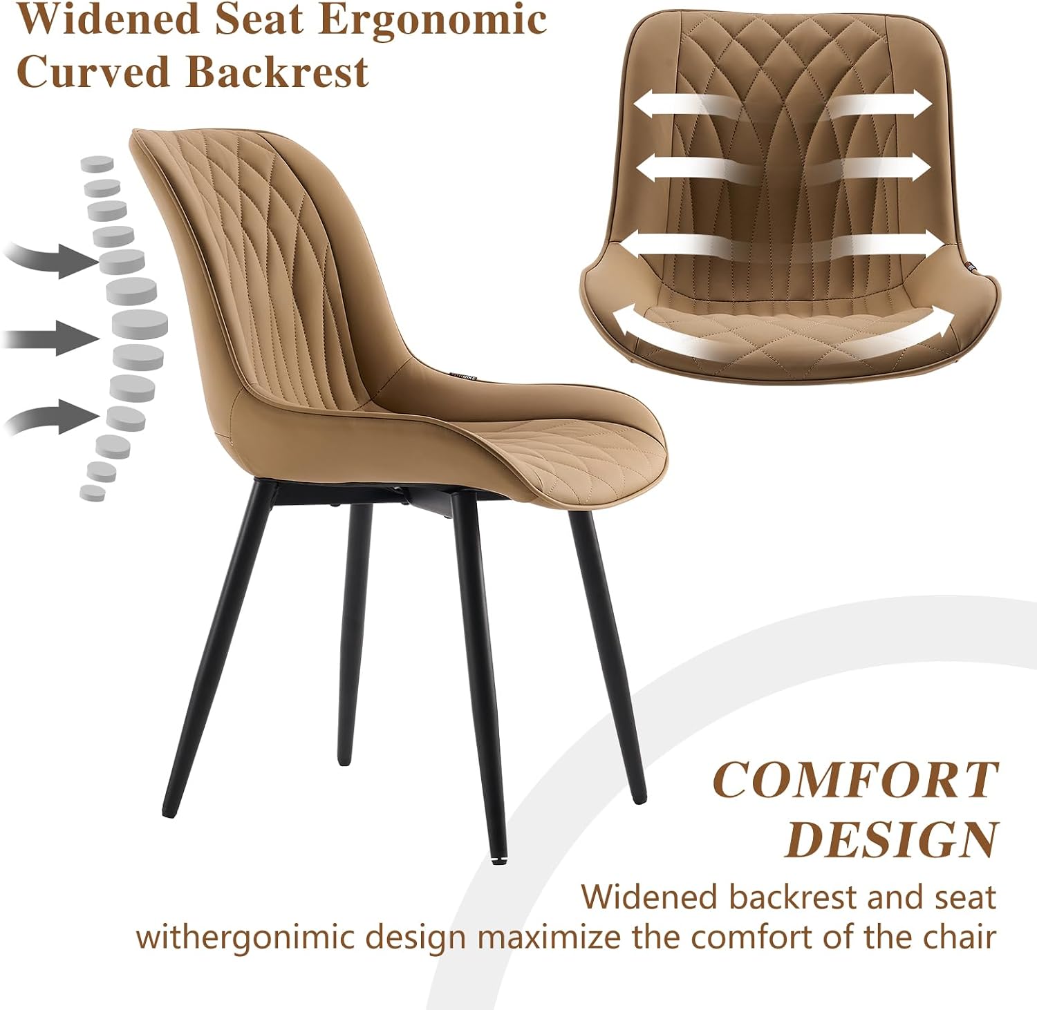 YOUNIKE Faux Leather Dining Chairs Set of 2 Mid-Century Modern High Padded Back Comfy Upholstered Kitchen Chairs with Metal Legs Wide Seat Accent Side Chair for Dining/Living/Waiting Room Tan