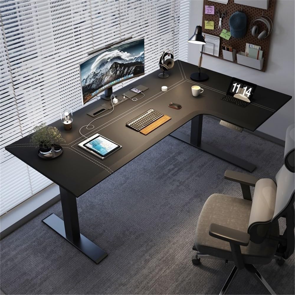 Home Adjustable Height L-Shaped Leather PC Desk, Electric Corner Standing, Sit Stand Workstation with Charging Outlets Office(M)