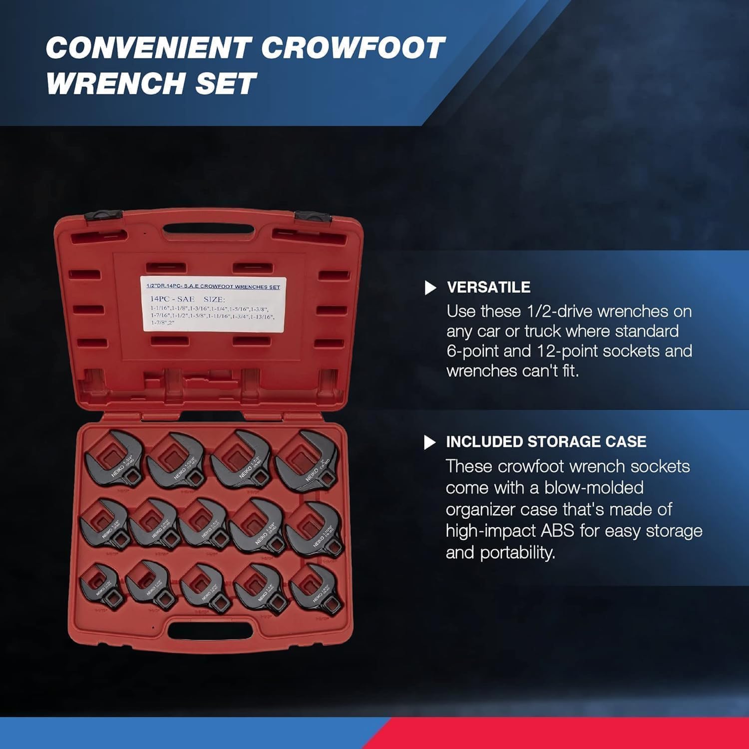 Neiko 03325A 1/2-Inch Drive SAE Crowfoot Wrench Set, Jumbo Size, Cr-Mo, 1-1/16 Inch - 2 Inch | 14-Piece set