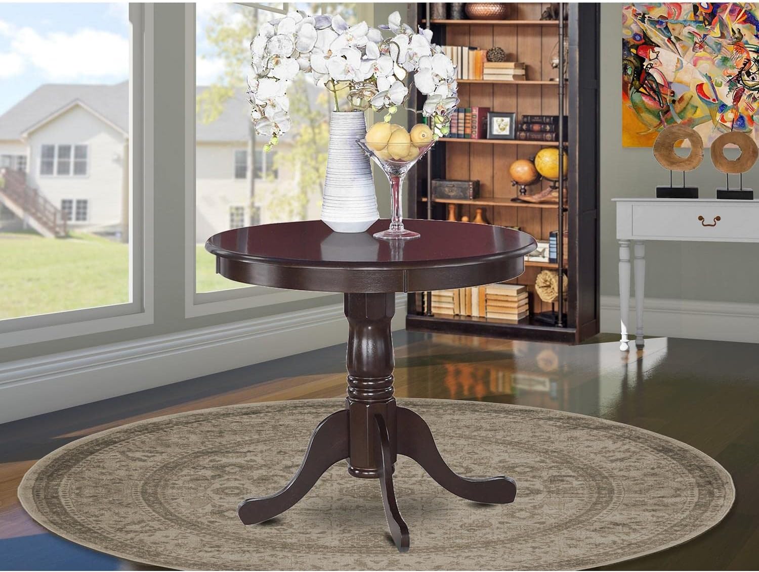 East West Furniture ANT-CAP-TP Antique Dining Room Table - a Round kitchen Table Top with Pedestal Base, 36x36 Inch, Cappuccino