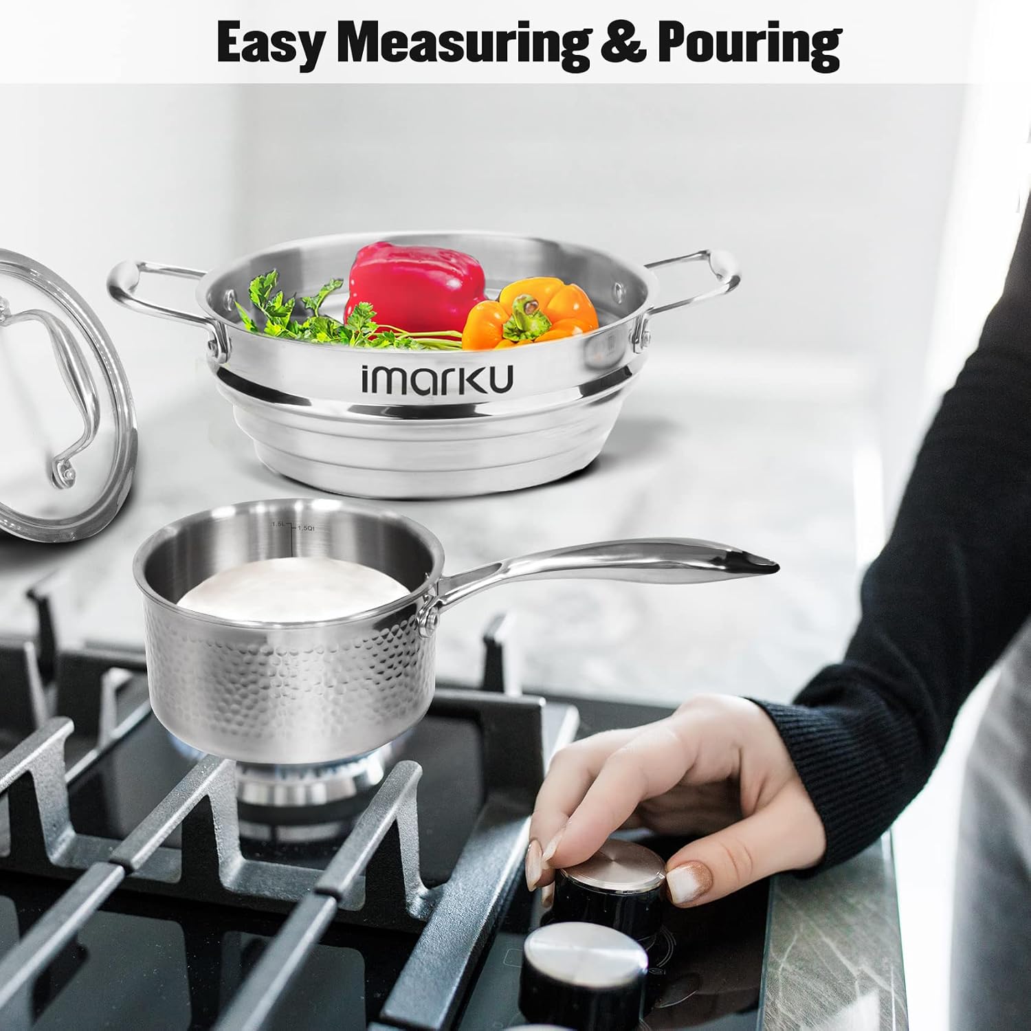 imarku Pots and Pans Set, 14PCS Kitchen Cookware Sets Tri-Ply Clad Stainless Steel with Hangered Handle and Lids, Suits Ceramic and Induction, Oven and Dishwasher Safe, Best Gifts for Women Man