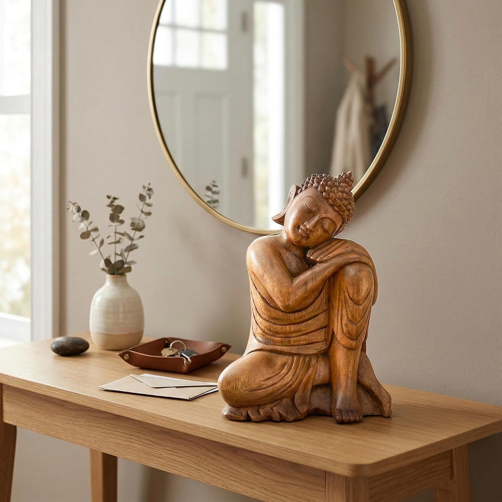 G6 Collection 12' Wooden Serene Sleeping Buddha Statue Hand Carved Sculpture Handmade Figurine Decorative Home Decor Accent Handcrafted Traditional Modern Decoration (Medium)