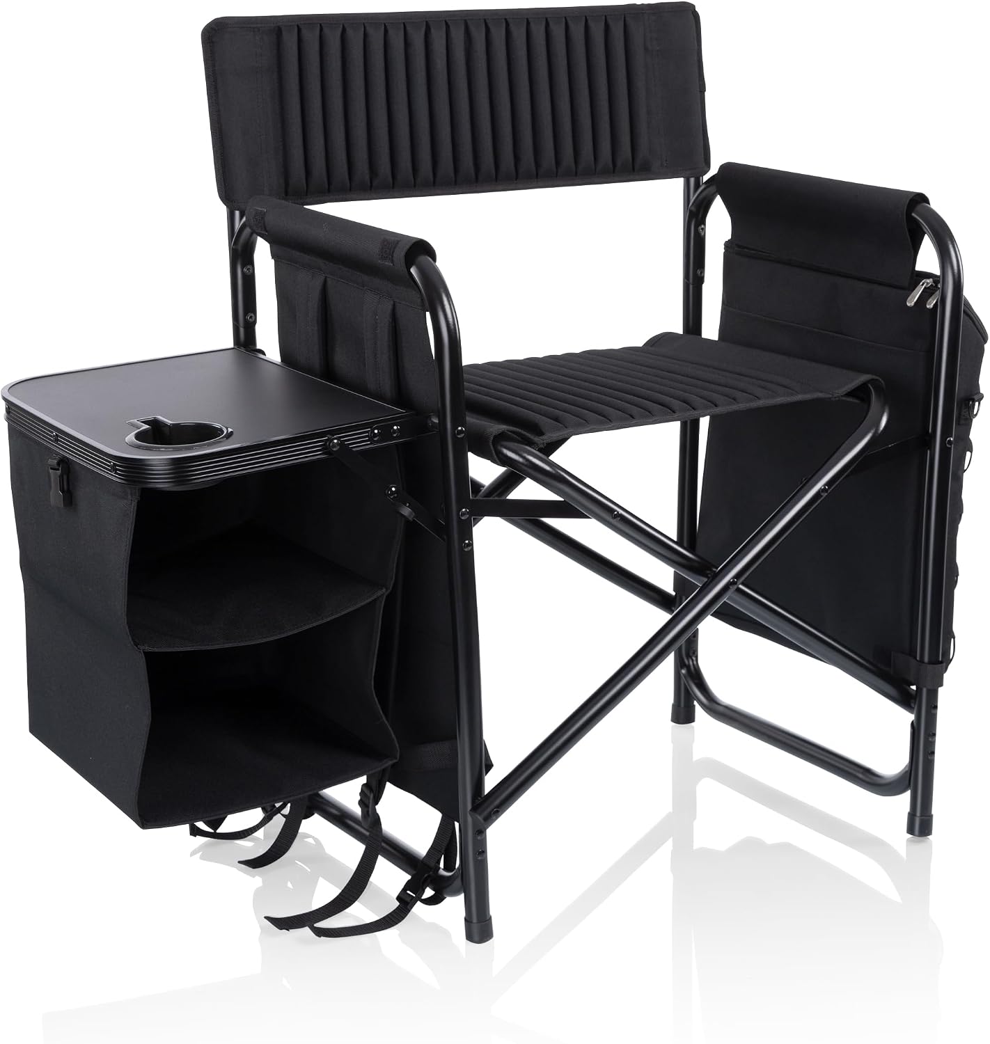 Picnic TIME Fusion Camping Chair with Side Table and Soft Cooler, Outdoor Foldable Padded Camping Chairs with Shelves, Pockets, & Cup Holder for Lawn, Beach, & Sports Use for Adults, (Matte Black)