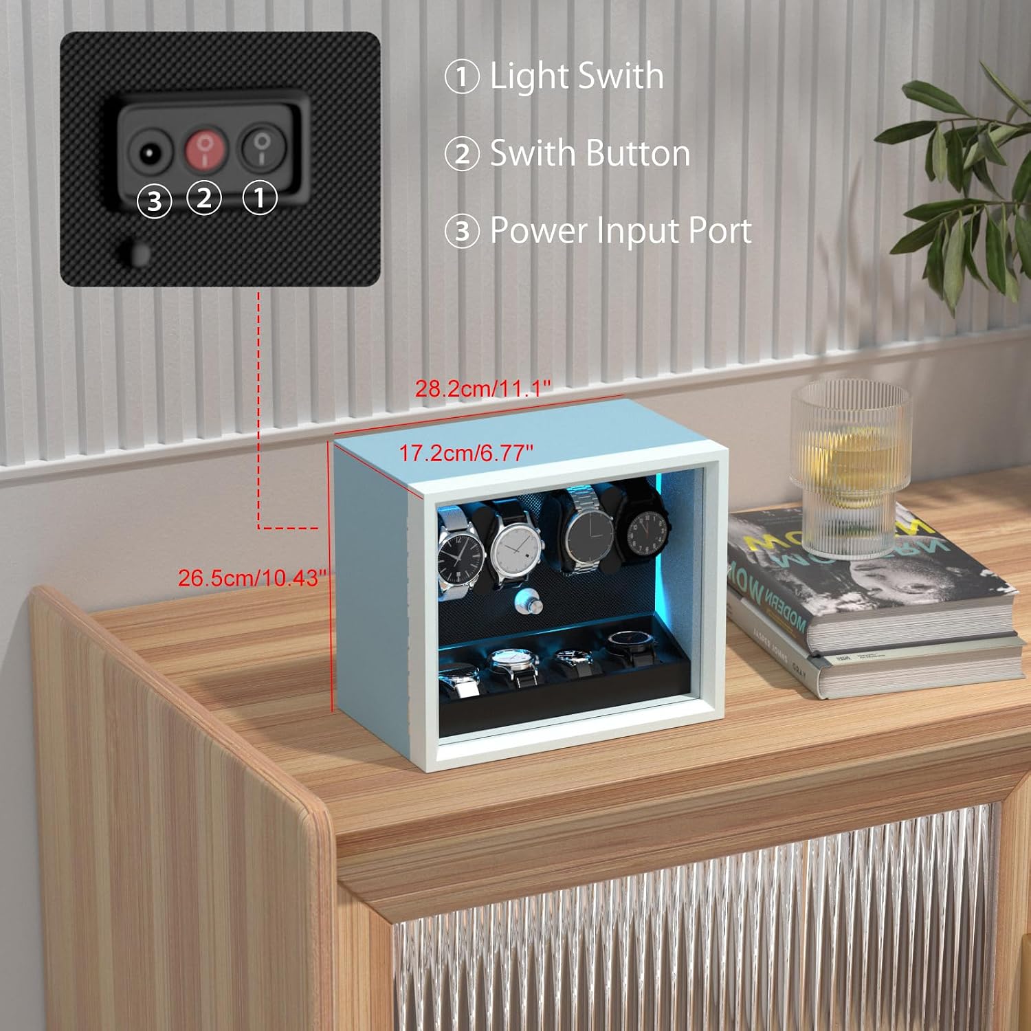 XTELARY Lockable Automatic Watch Winder - 4/6/8/12 Watch Storage, 4 Rotation Modes, Quiet Motor, Backlight