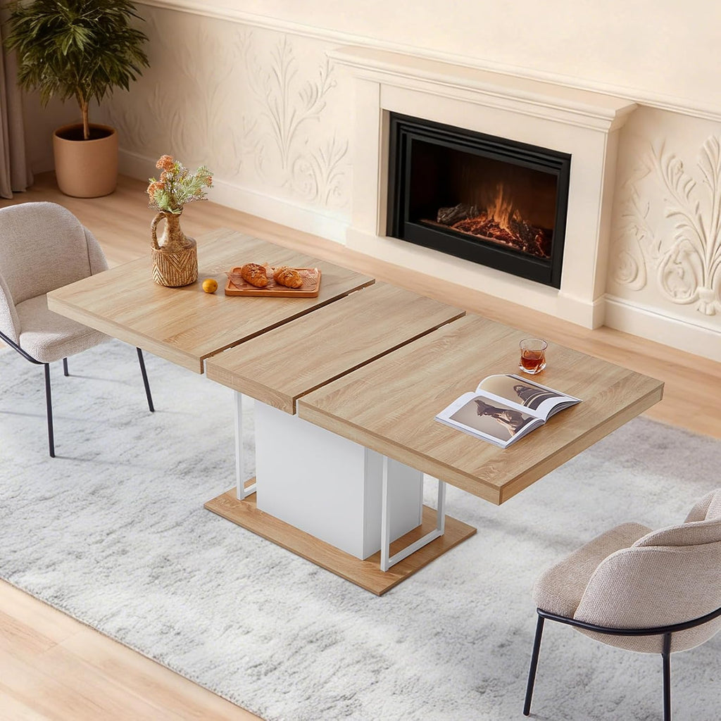 Dining Table Extendable 63 in-79 in for 4-8 Expandable Wood Rectangle with Fluted Base for Dining Room Kitchen Living Room Furniture Natural