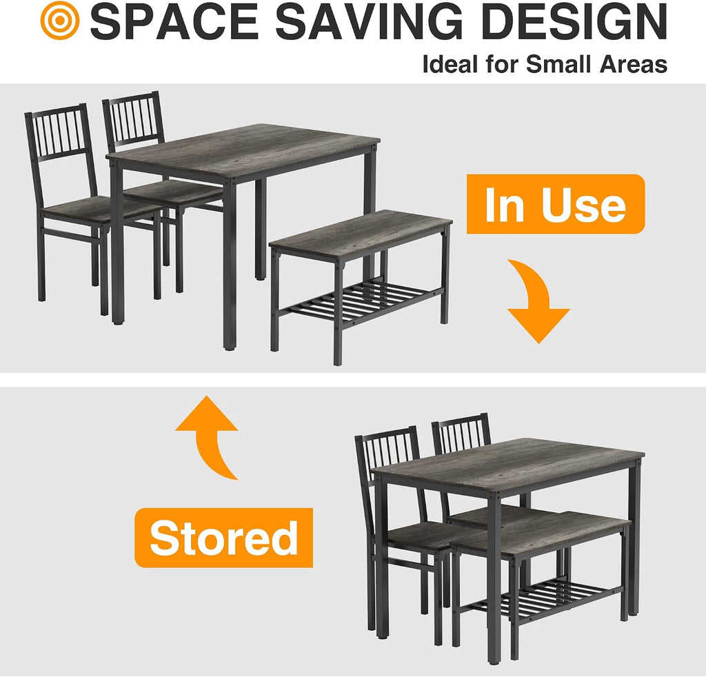 Teraves Dining Table Set for 4/Computer Desk,Kitchen Table with 2 Chairs and a Bench,Table and Chairs Dining Set 4 Piece Set for Dining Room (Black Oak+Black Frame, 110CM)