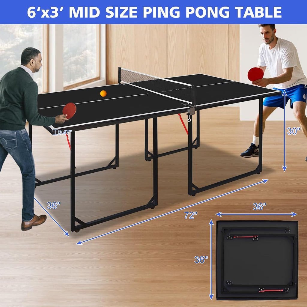 Foldable Ping Pong Table Portable 4.5FT/6FT/9FT Indoor MDF Table Tennis Table Multi-Purpose Family Game Table with Net, 2 Paddles and 3 Balls for Kid Teenager Adult