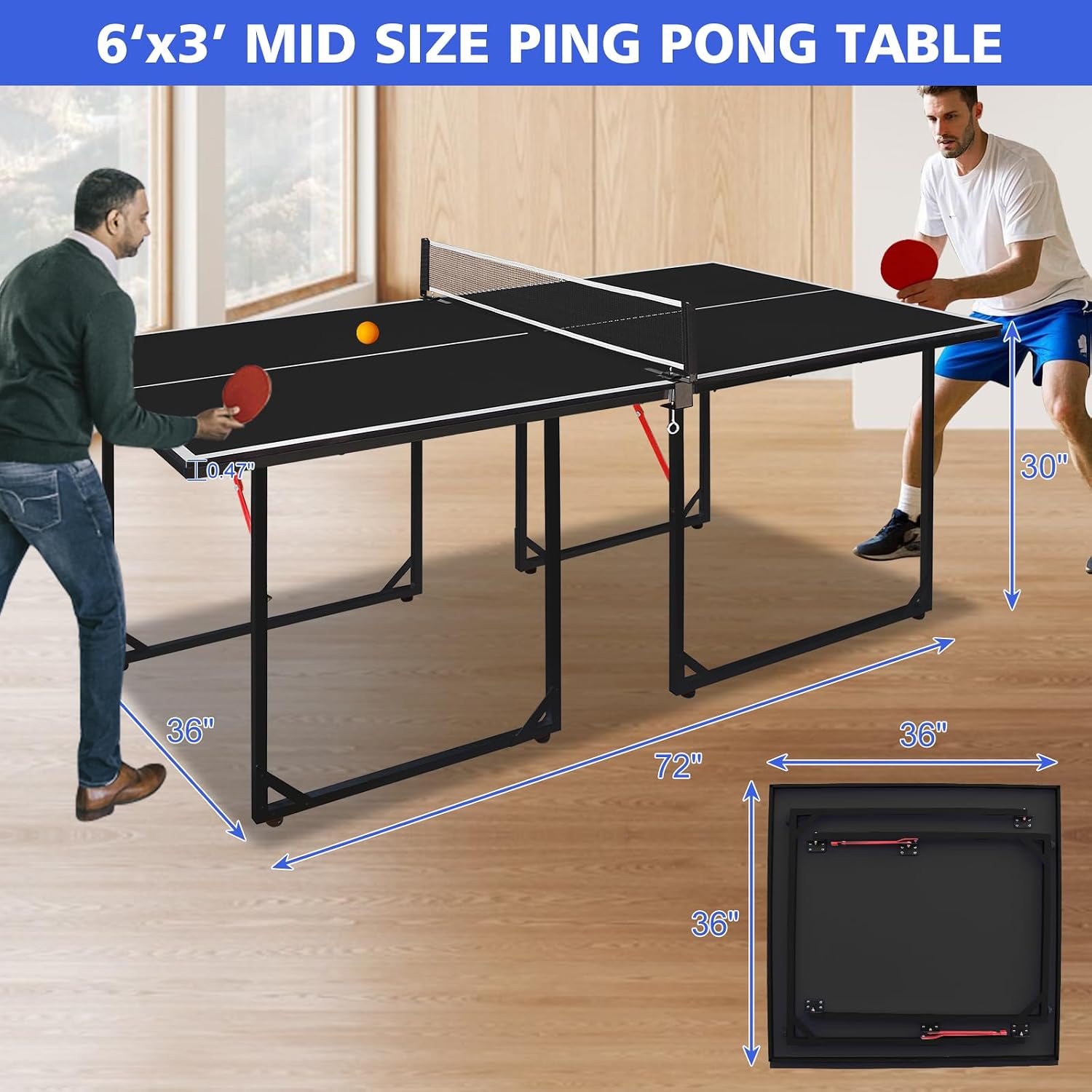Foldable Ping Pong Table Portable 4.5FT/6FT/9FT Indoor MDF Table Tennis Table Multi-Purpose Family Game Table with Net, 2 Paddles and 3 Balls for Kid Teenager Adult