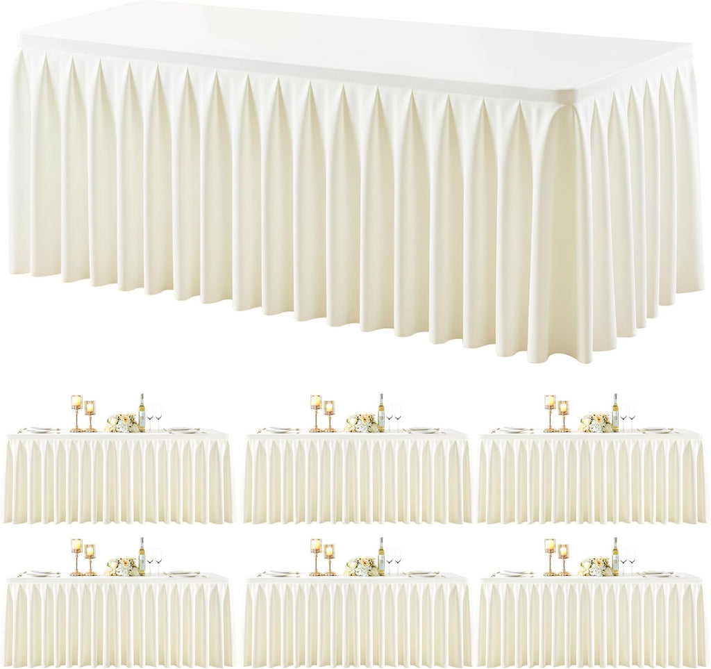 6 Pack Ivory Rectangle Tablecloth 8 FT Stretch Spandex Fitted Table Cloth for 8 Foot Rectangle Tables Banquet Tablecloths Wrinkle Free Table Cover Skirt Ruffle Tablecloth for Party Wedding Birthday