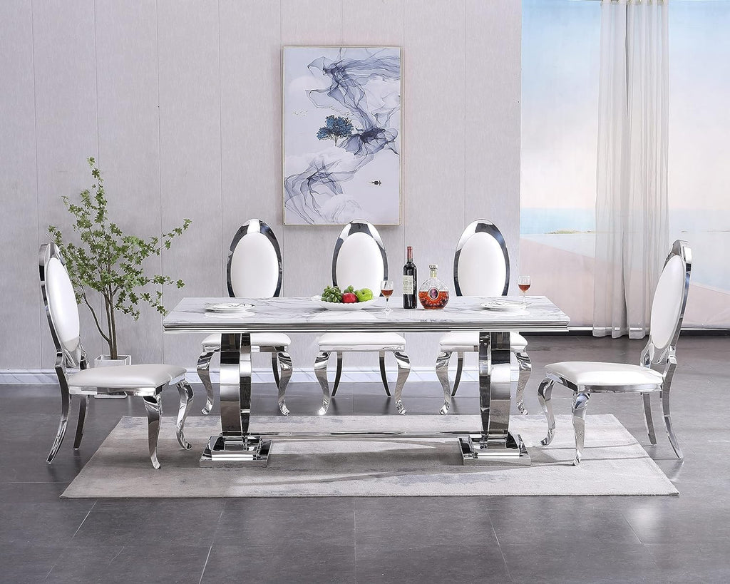 68' White Marble Dining Table for 6-8, Mid Century Modern Dining Table with Faux Marble Top & Silver O Shape Stainless Steel Base,Large Luxury Rectangular Dinner Table for Kitchen Dining Room