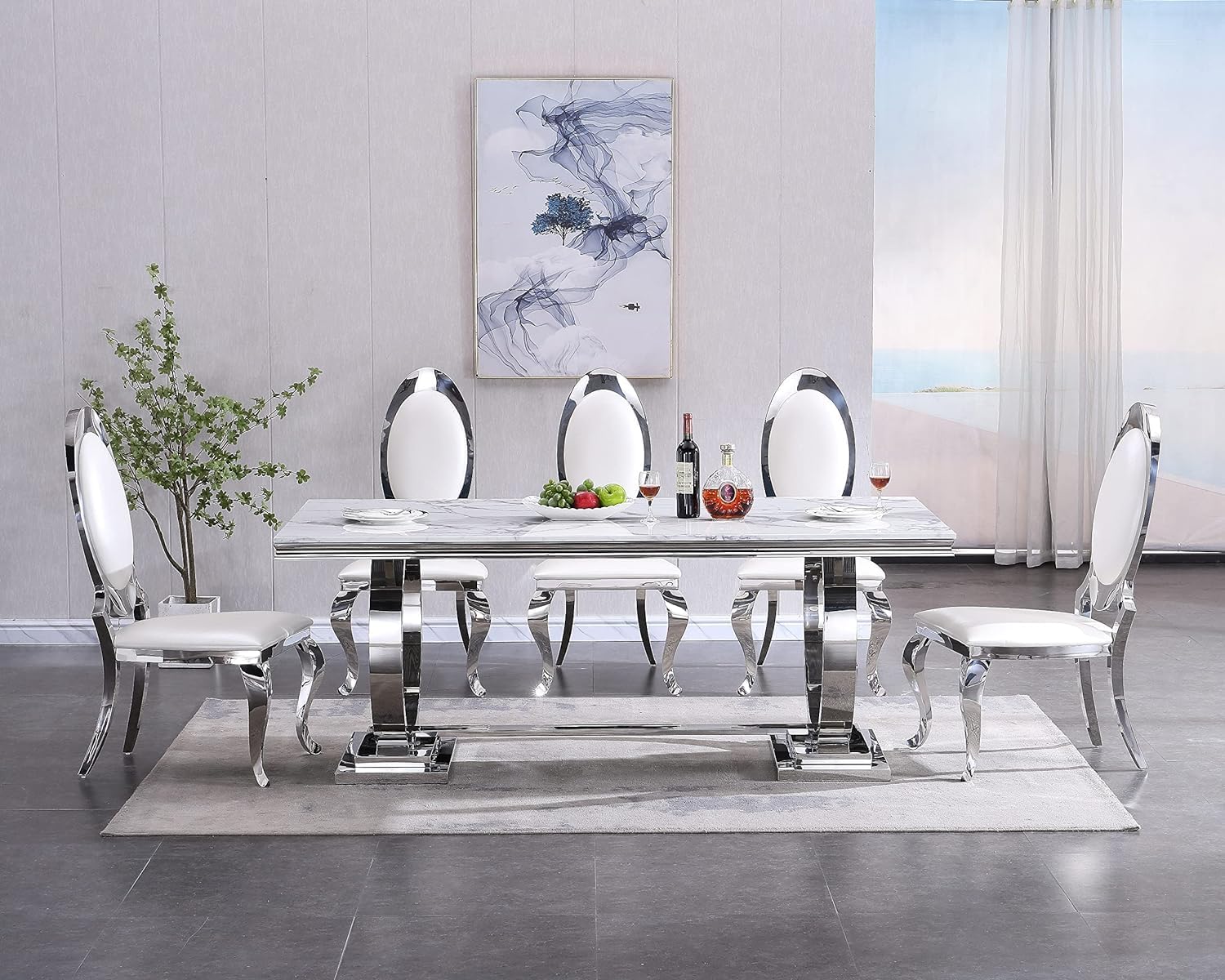68' White Marble Dining Table for 6-8, Mid Century Modern Dining Table with Faux Marble Top & Silver O Shape Stainless Steel Base,Large Luxury Rectangular Dinner Table for Kitchen Dining Room