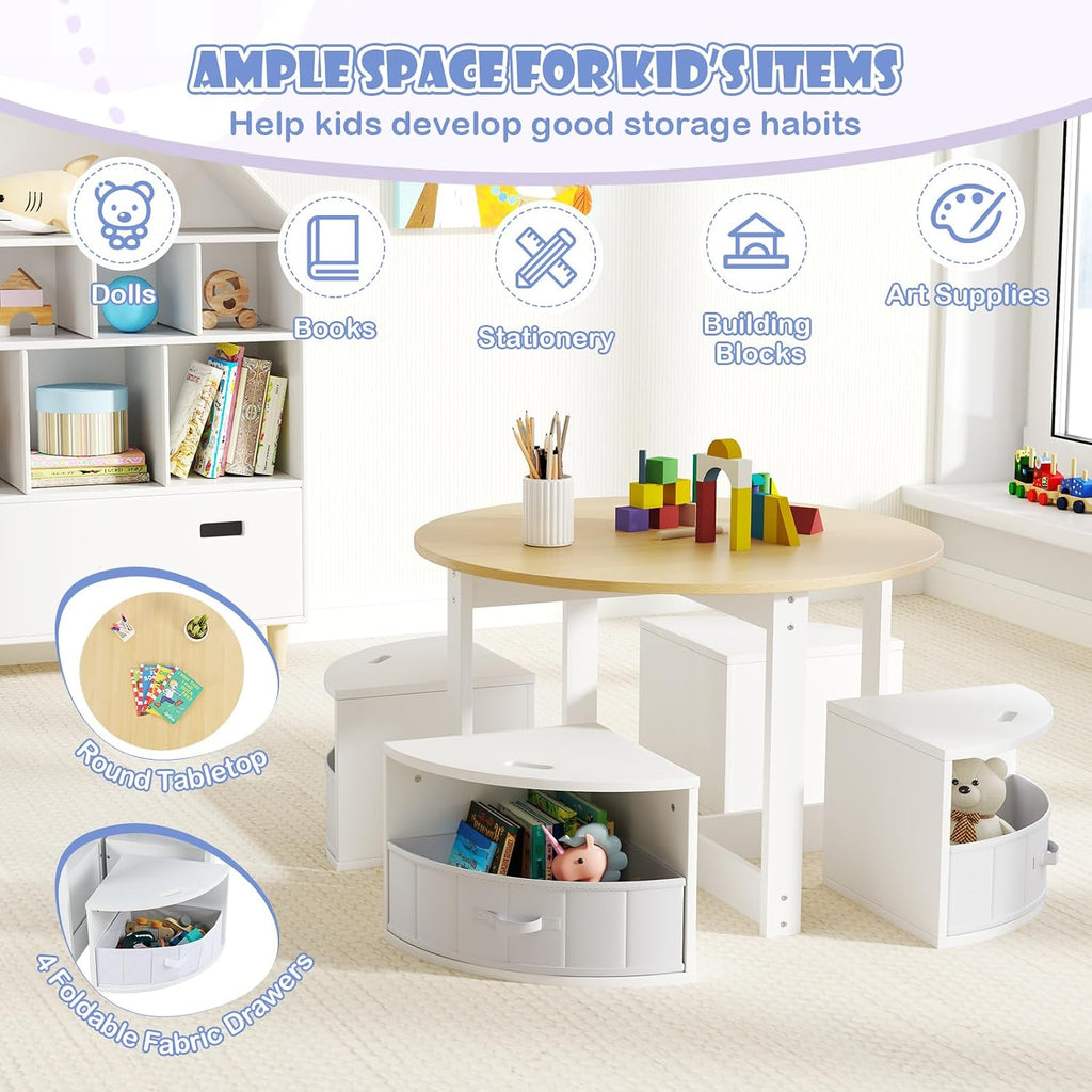 HONEY JOY Kids Table and Chair Set, Children Activity Play Table with 4 Storage Stools for Art Craft, Nesting Design Toddler Table and Chair Set for Playroom, Daycare, Gift for Boys Girls (Natural)