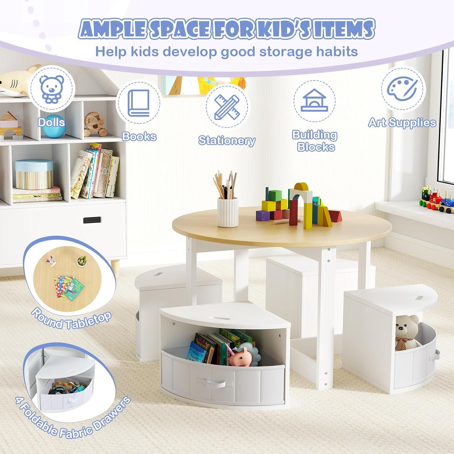HONEY JOY Kids Table and Chair Set, Children Activity Play Table with 4 Storage Stools for Art Craft, Nesting Design Toddler Table and Chair Set for Playroom, Daycare, Gift for Boys Girls (Natural)