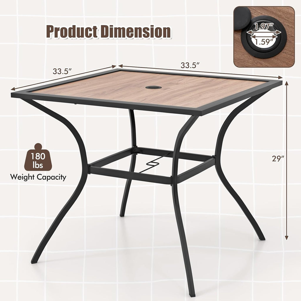 Tangkula Metal Square Patio Dining Table for 4, Heavy Duty Bistro Table with Adjustable Umbrella Hole & Wooden-Like Waterproof Tabletop, Outdoor Dinner Table for for Backyard, Deck, Lawn, Poolside
