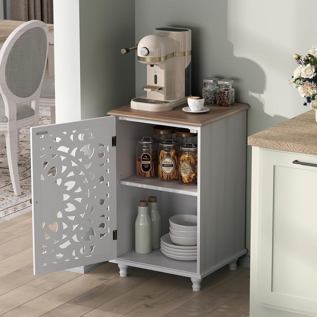 JOINICE Small Accent Cabinet with Carved Mandala Door, Boho Distressed End Table for Living Room, Bedroom, Entryway, White