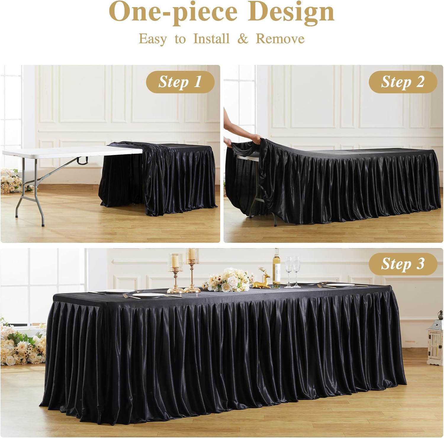 8 Pack 6ft Black Satin Tablecloths Rectangular - Shiny Spandex Party Table Cover with Pleated Table Skirt, No-Wrinkle & Glossy Wedding Tablecloth One-Piece for Birthday Baby Shower Banquet Ceremony