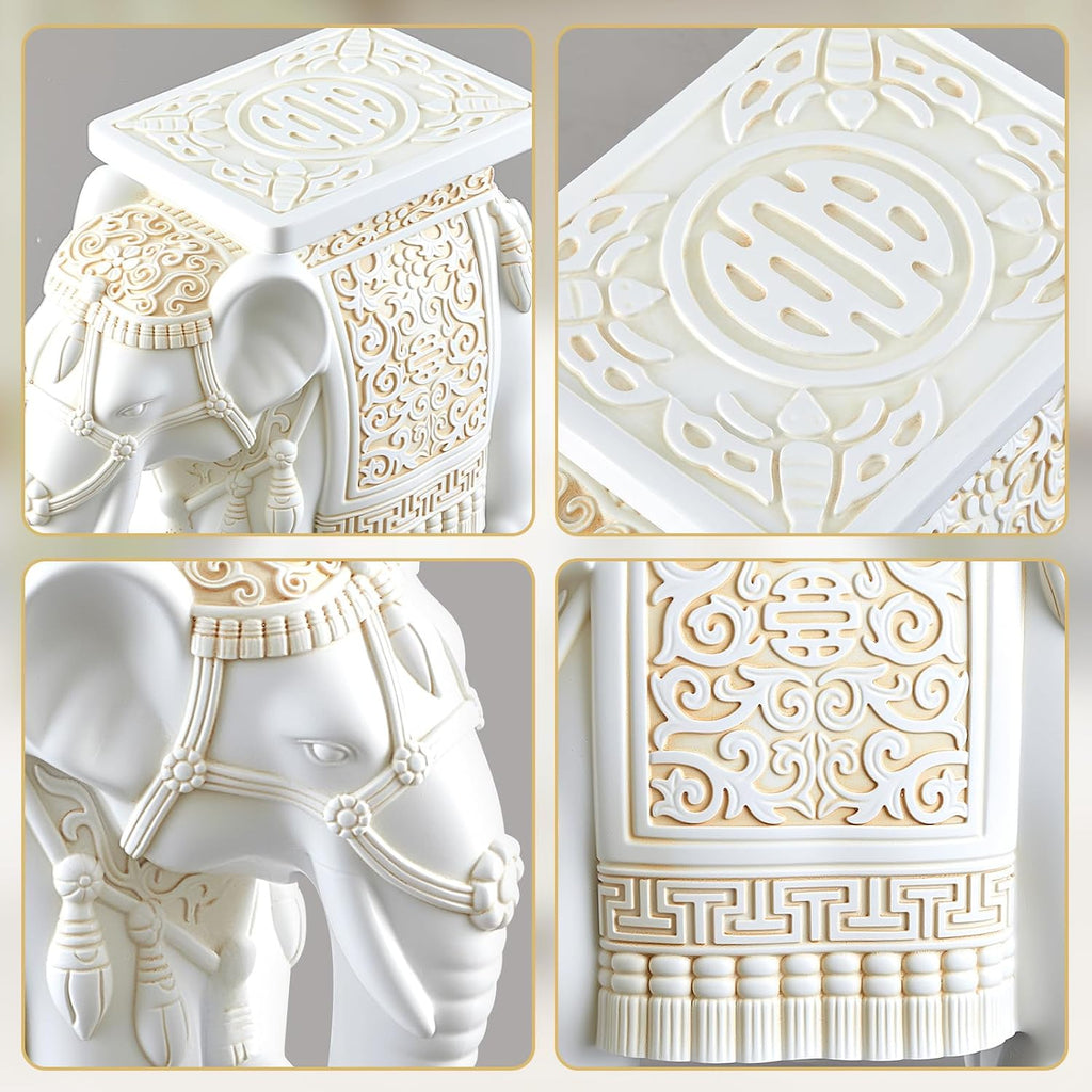 Leinuosen Elephant Garden Stool 16.5 Inch - Resin Elephant Side Table & Plant Stand, Indoor Outdoor Decorative Accent Table for Patio Balcony Living Room, Bohemian Home Decor Gift(White Color)