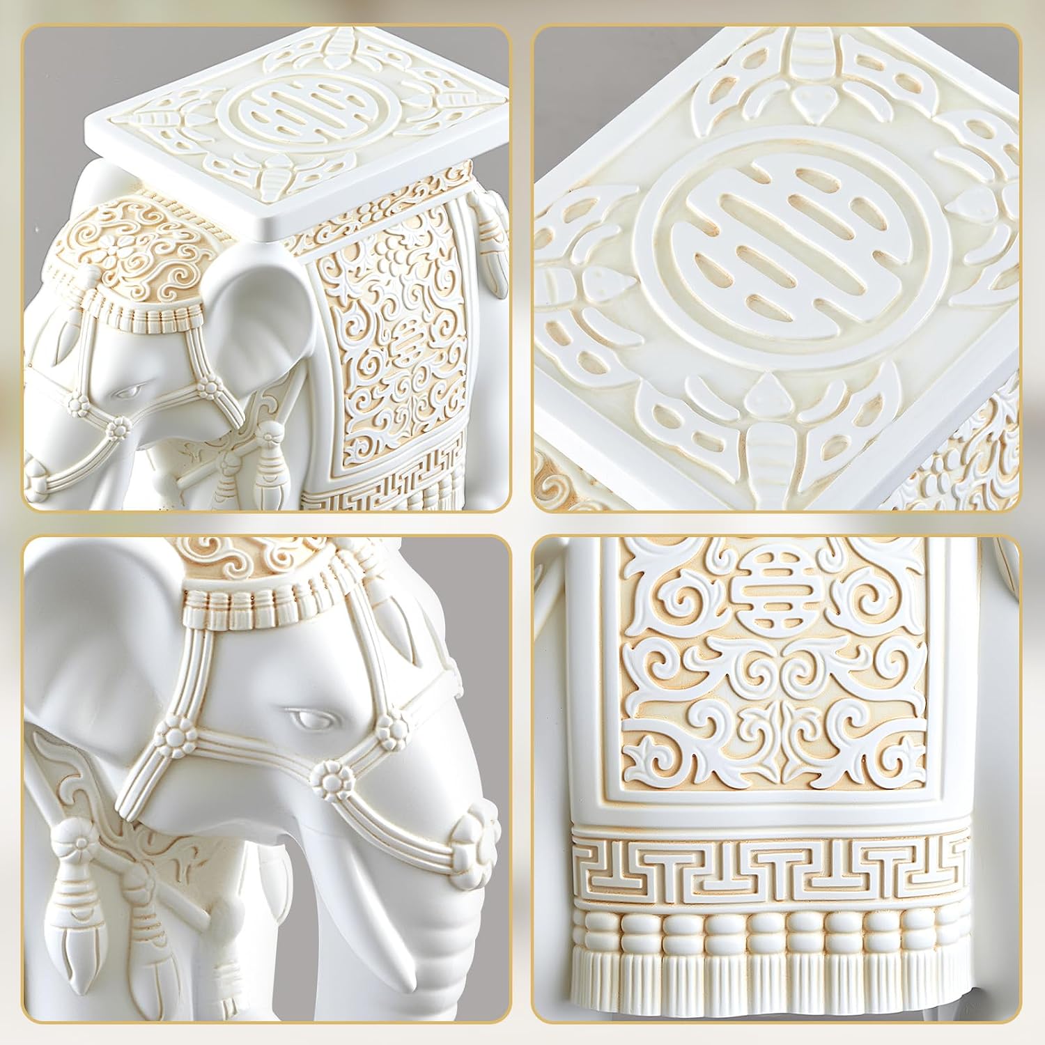 Leinuosen Elephant Garden Stool 16.5 Inch - Resin Elephant Side Table & Plant Stand, Indoor Outdoor Decorative Accent Table for Patio Balcony Living Room, Bohemian Home Decor Gift(White Color)