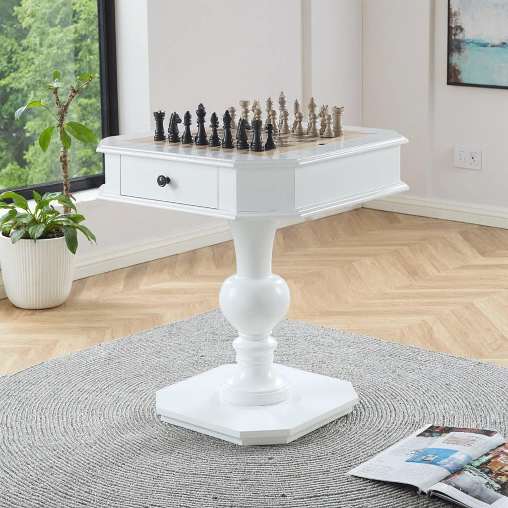 Chess Table, Reversible Chess Checker Game Table with 2 Drawers for Family Entertainment Room, 3-in-1 Square Game Tray for Chess Checker Backgammon, White
