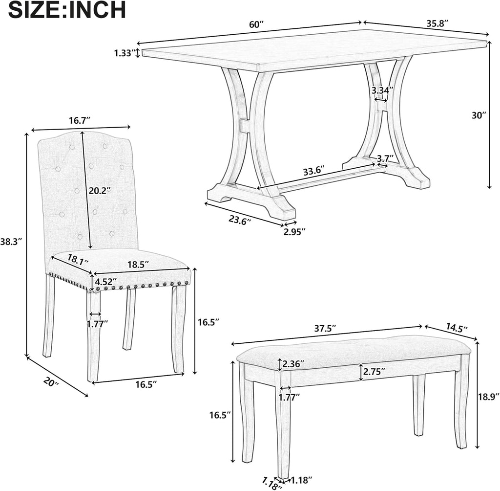 Harper & Bright Designs Classic and Traditional Style 6 - Piece Dining Set, Includes Dining Table, 4 Upholstered Chairs & Bench(Antique Gray1)