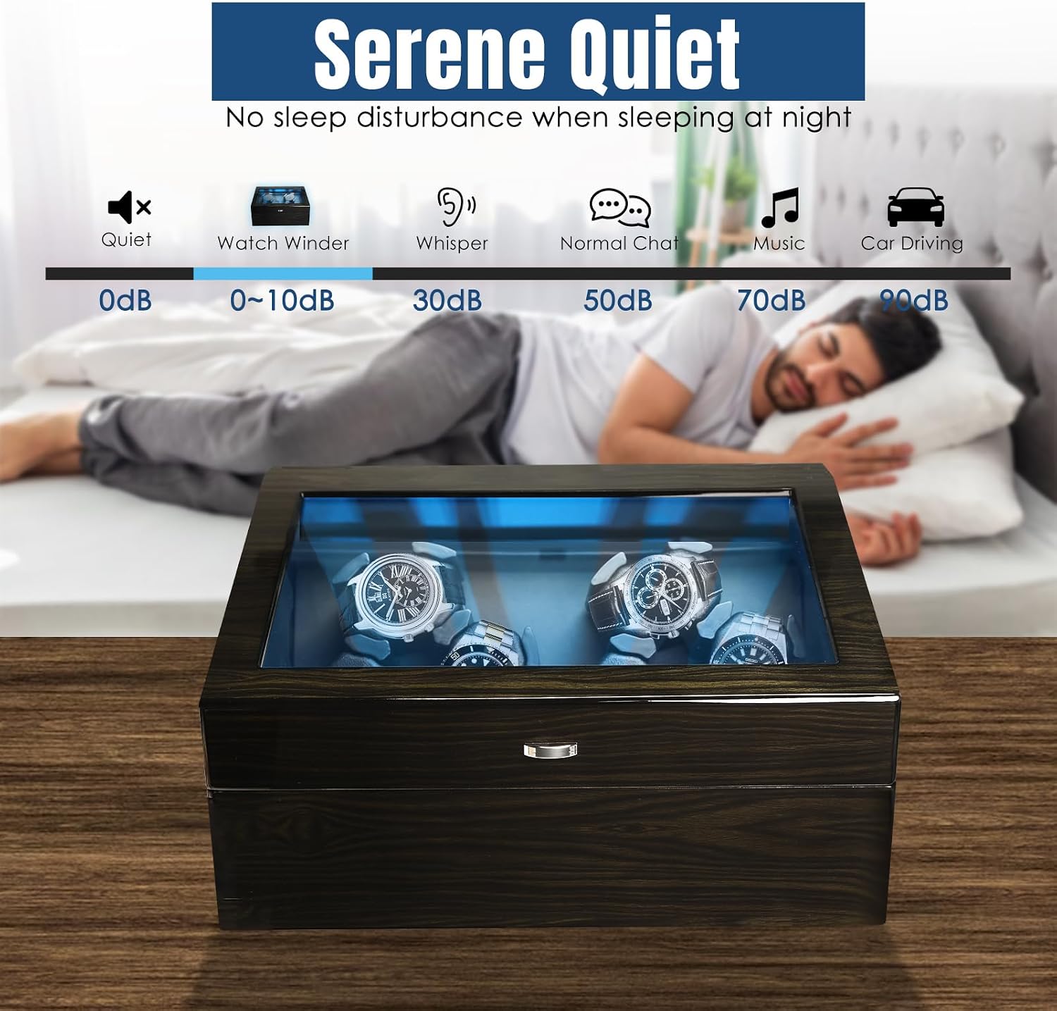 Watch Winder for Automatic Watches, Automatic Watches with Watches Storages, Automatic Watch Winder with Blue Backlight and Foam Pad, 4 Rotation Modes Rotating Watch Box