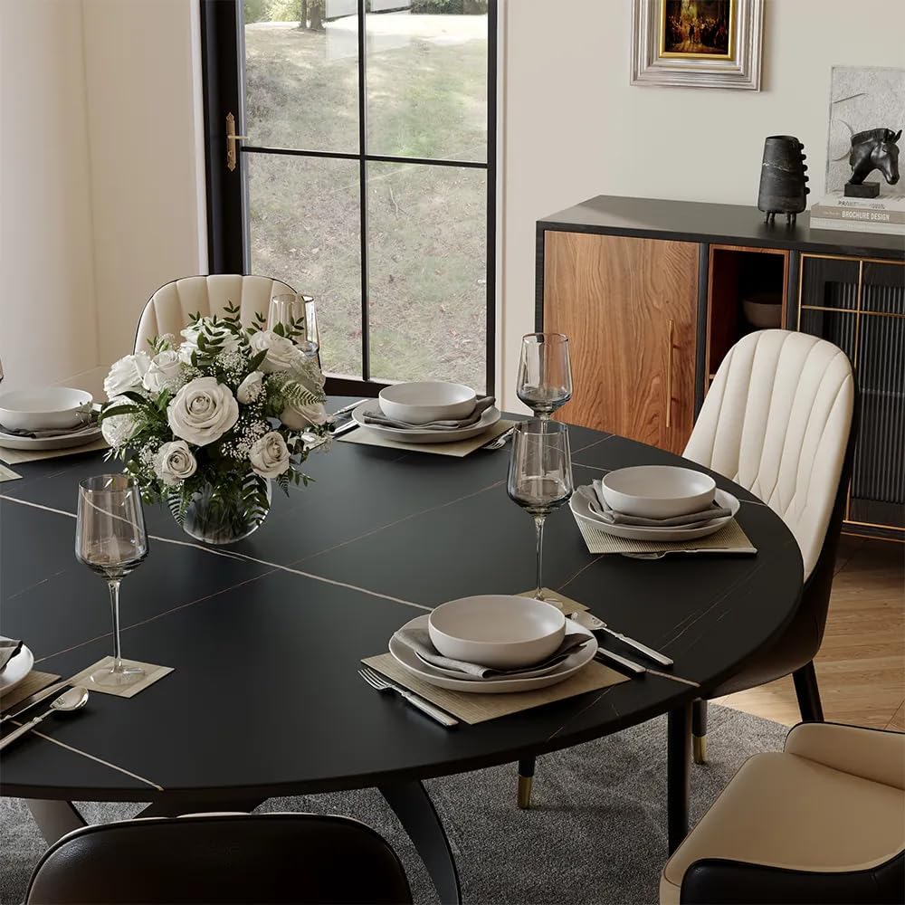 POVISON 60' Round Dining Table for 6, Modern Dining Room Table with Lazy Susan, Matte Black Sintered Stone Dining Tabletop with X-Shape Carbon Steel Base (Table Only)
