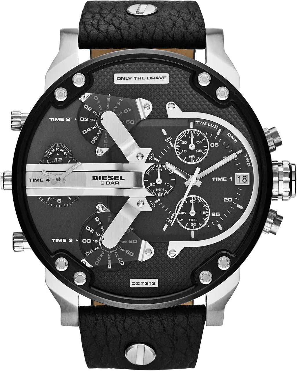 Diesel Mr. Daddy 2.0 Men's Watch, Stainless Steel and Leather Chronograph Sports Watch for Men, Color: Black/Silver