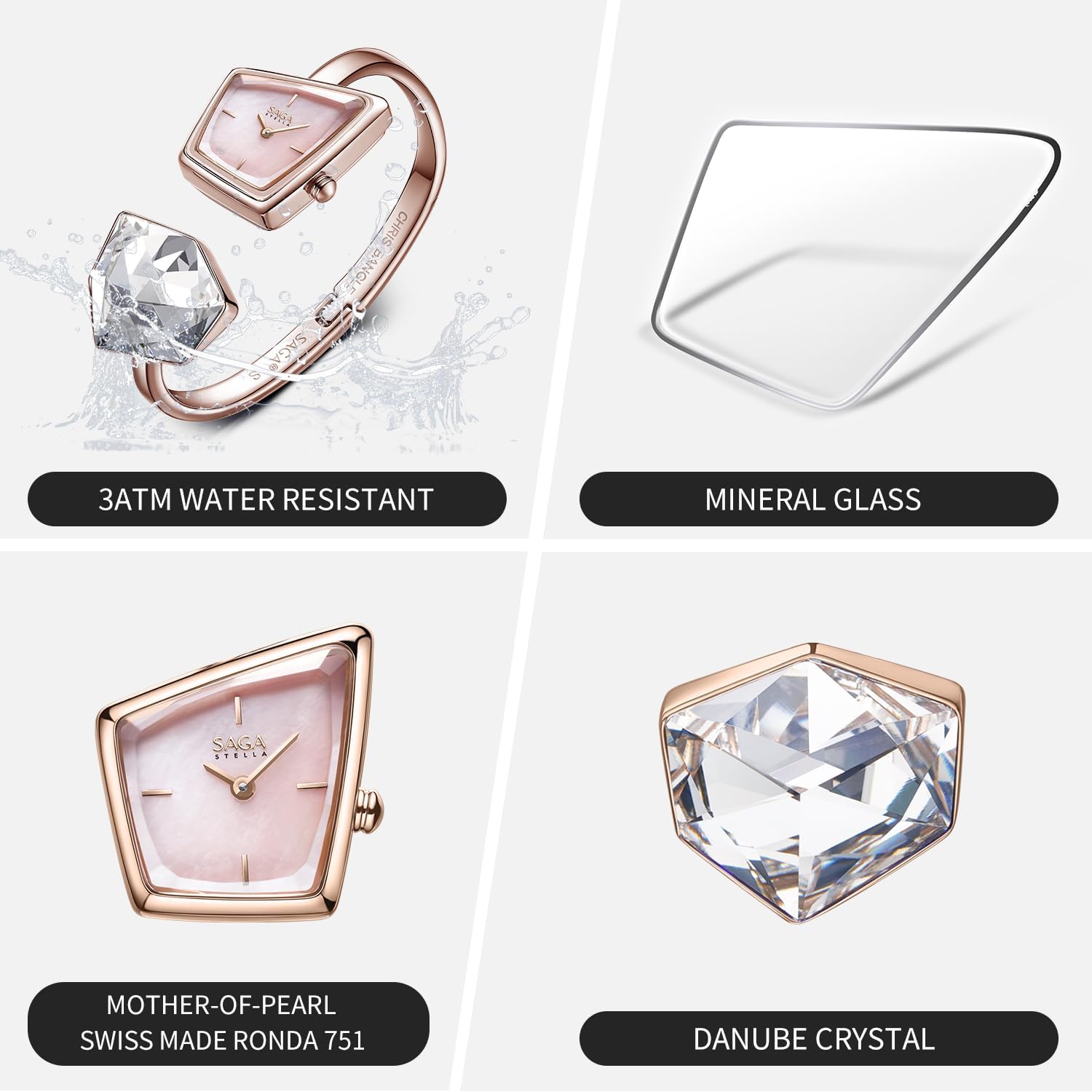 SAGA Illusion Women's Luxury Jewelry Bangle Watch, Mineral Case, 316L Stainless Steel Bracelet with Danube Crystals, Swiss Quartz Movement, 30M Water Resistant, Unique Gift for Her