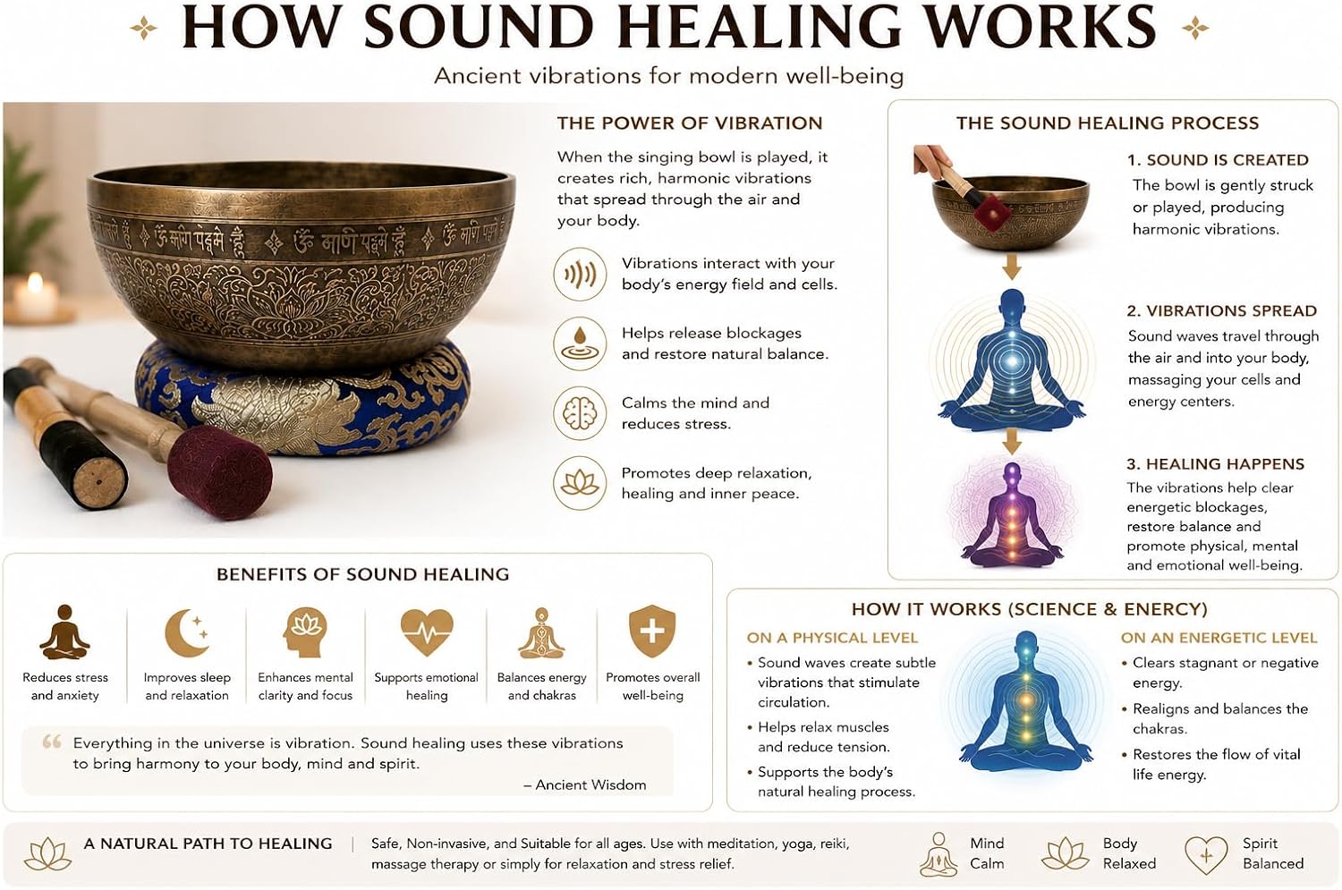 12' Om Mane Padme Hum Mantra Carved Singing Bowl for Meditation, Healing & Music Therapy - Tibetan Handmade Bowls