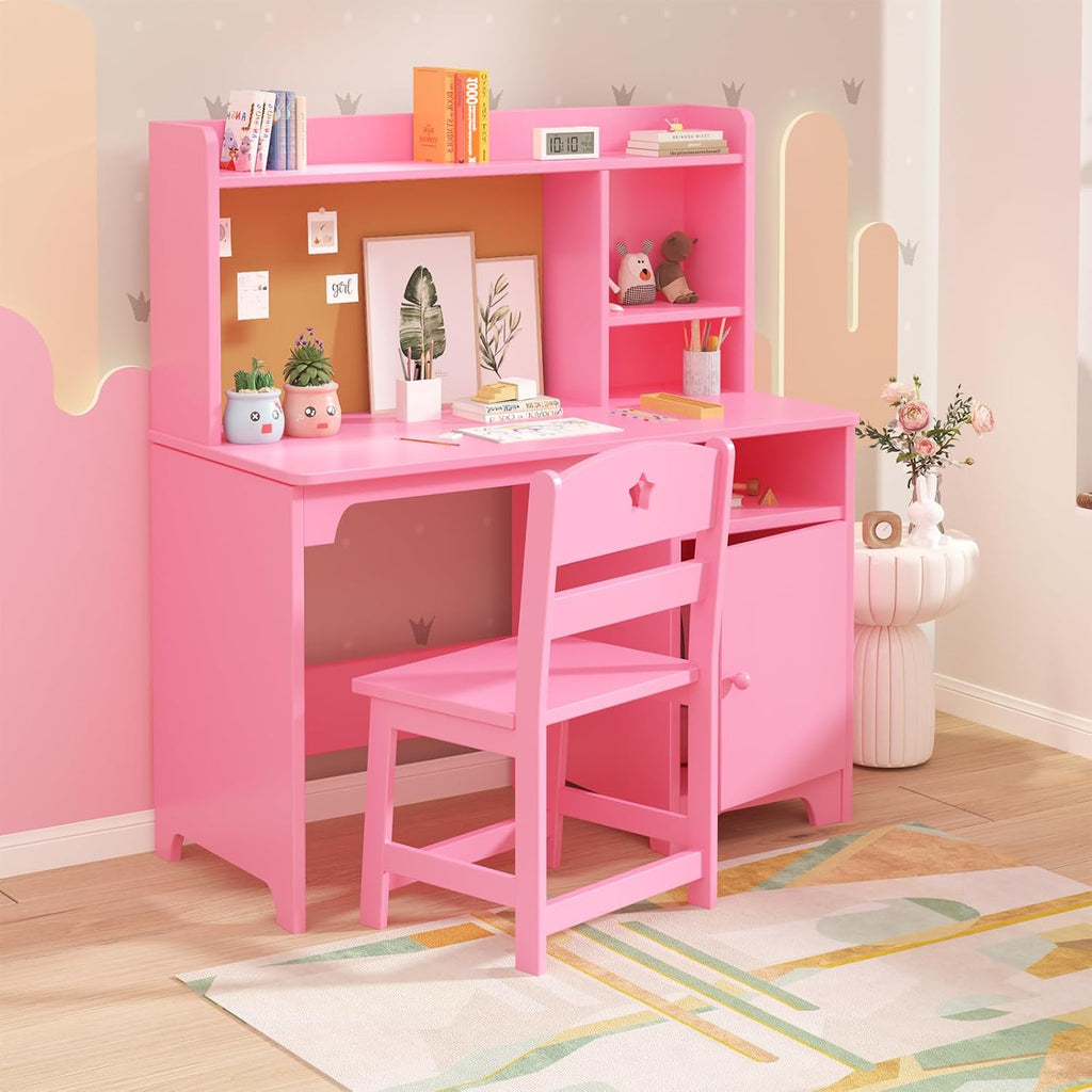 GarveeHome Kids Desk & Chair Set with Hutch, Storage Cabinet, Wooden Children Student Writing Table Computer Workstation for Kids Bedroom & Study Room