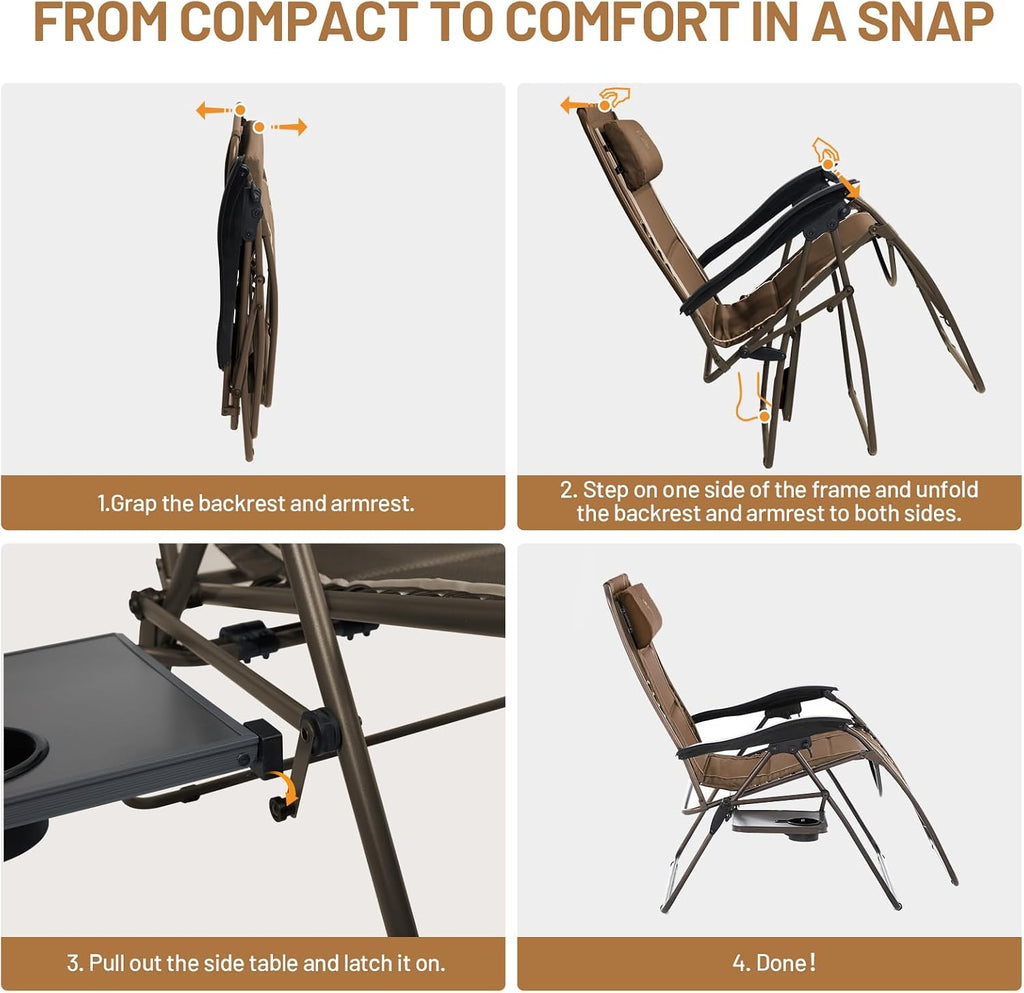 TIMBER RIDGE Oversized Zero Gravity Chair, 33In Wide XXL Zero Gravity Reclining Chair with Side Table, Full Padded Lounge Chair for Outdoor Camping Patio Lawn, Heavy Duty Supports 500lbs, Brown-2 Pack