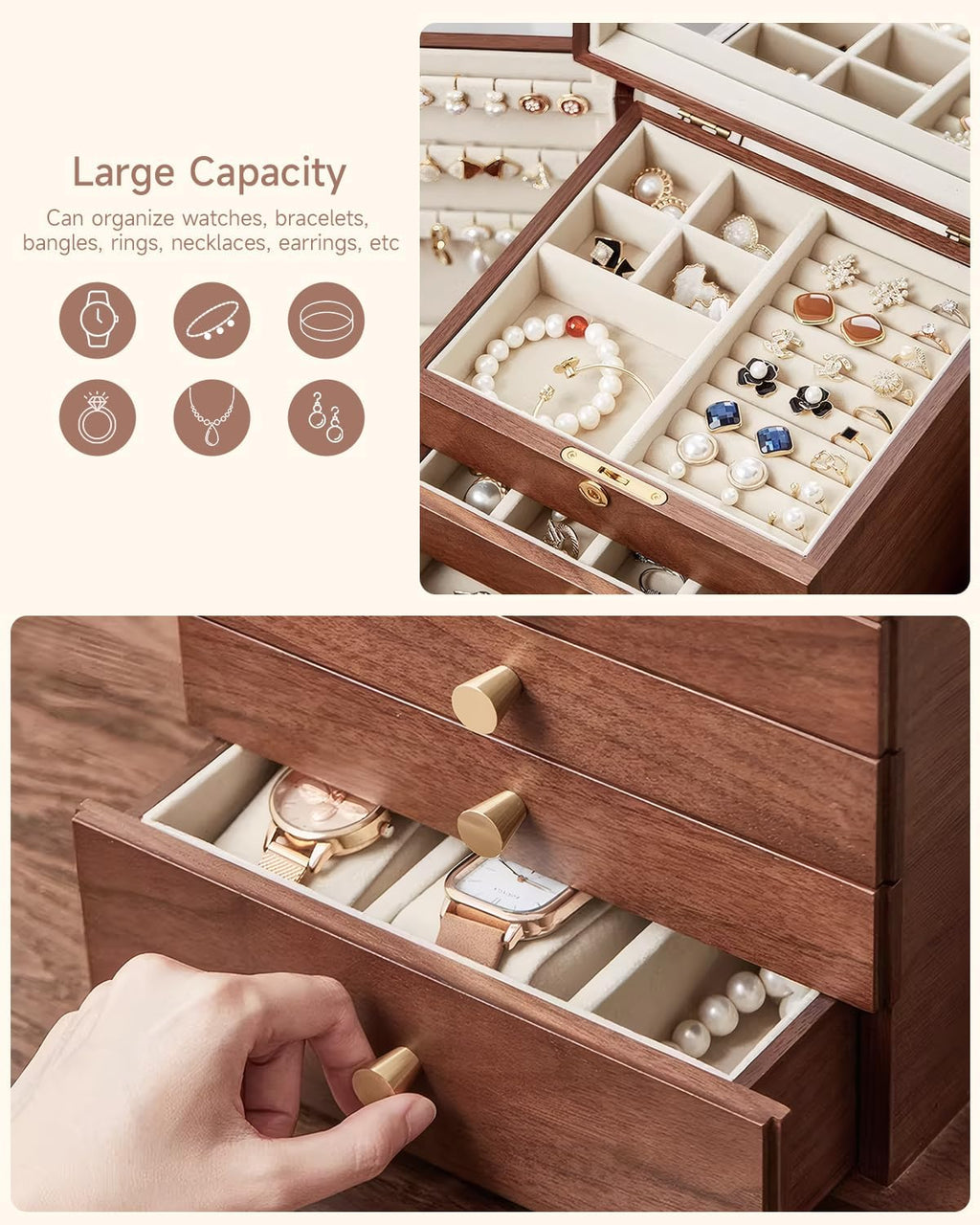 Black Walnut Wooden Jewelry Box Wood Jewelry Organizer with 2 Side Doors Mirror Lockable Classical Style for Watch Necklace Ring Earring Storage, Ideal Gift-5 Layer