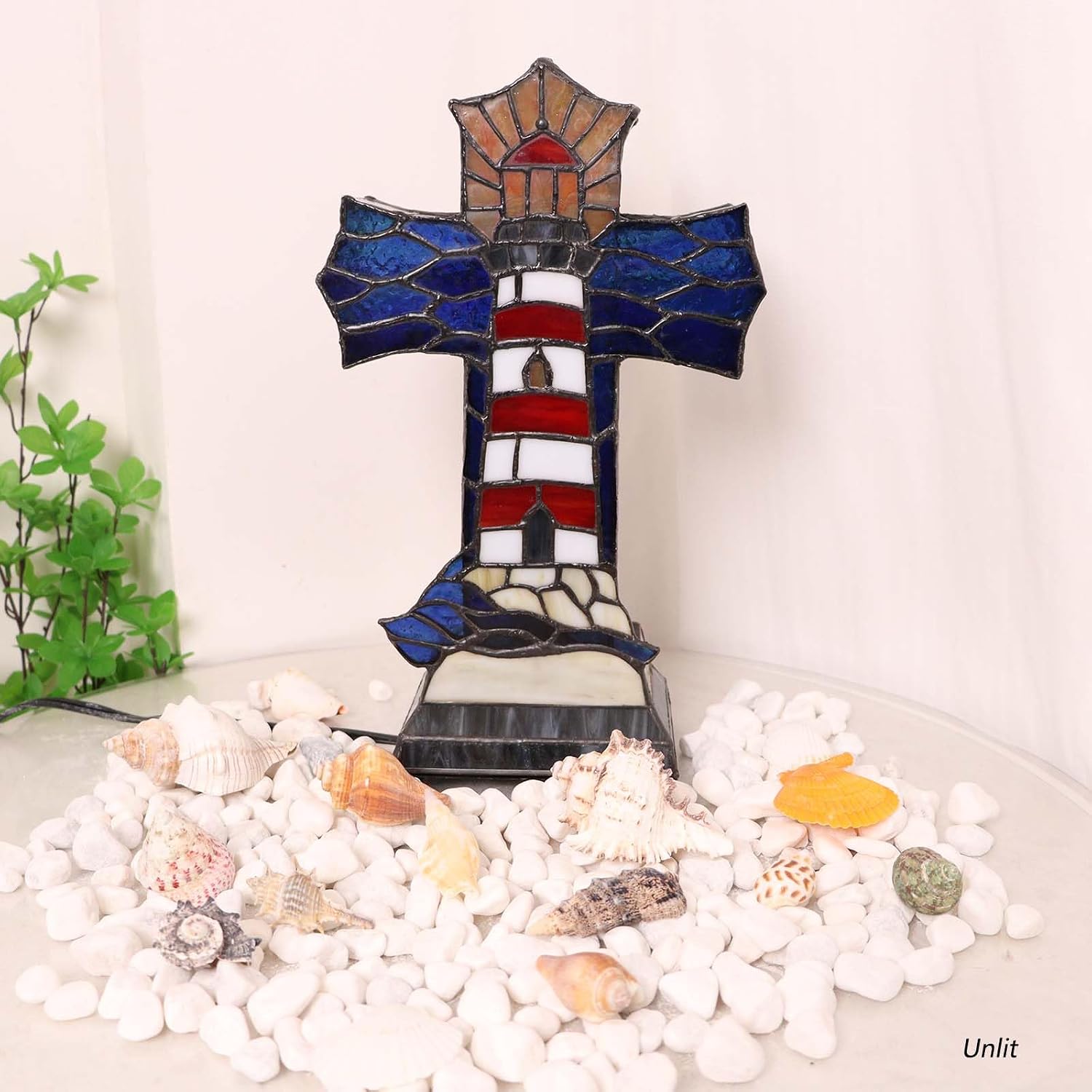 Bieye L12020 Christian Cross Tiffany Style Stained Glass Table Lamp for Home Décor (Lighthouse)