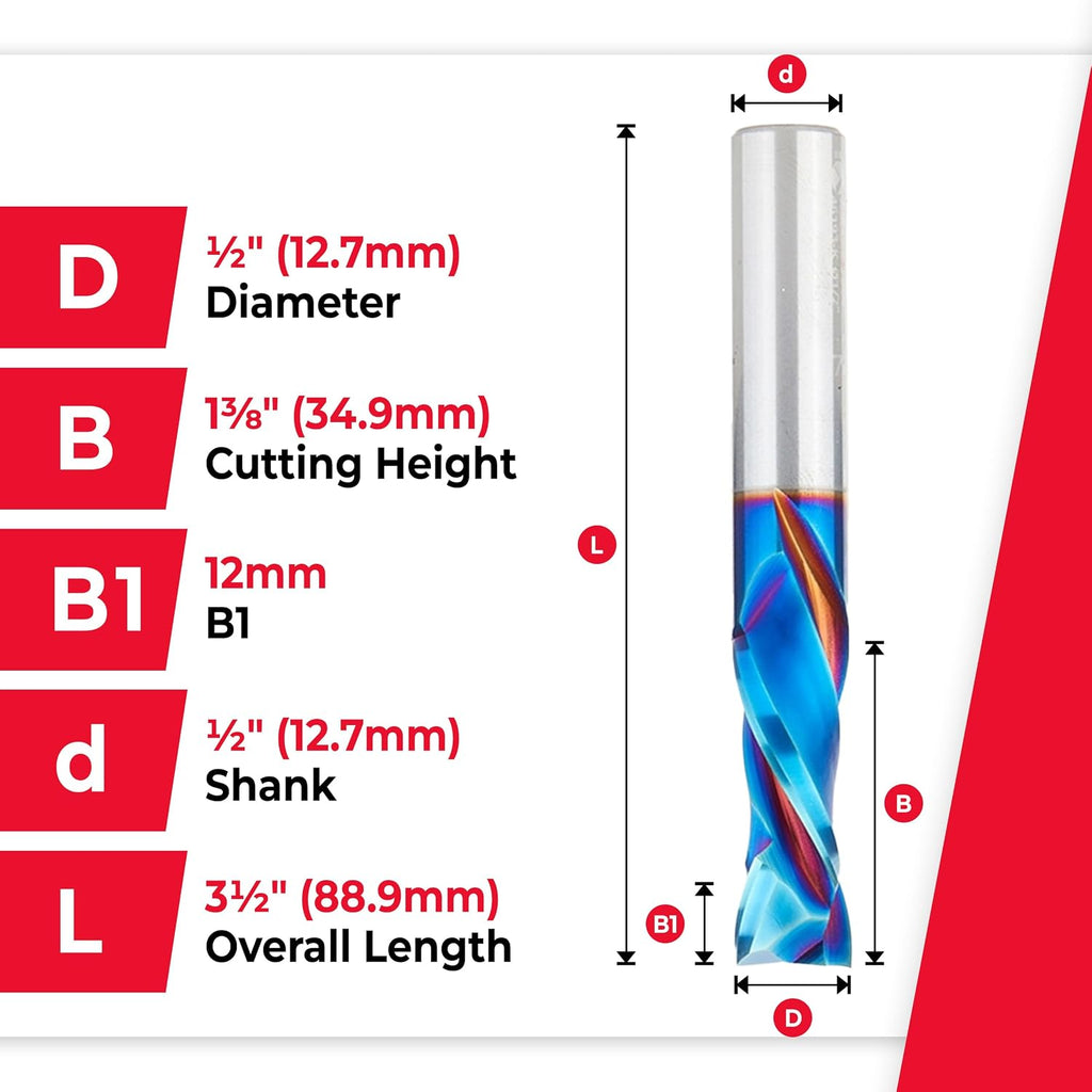 Amana Tool Spektra Extreme Tool Life Coated Solid Carbide CNC Compression Spiral Router Bit, 46193-K, 1/2 D x 1-3/8 CH x 1/2 Shank x 3-1/2 Inch Long