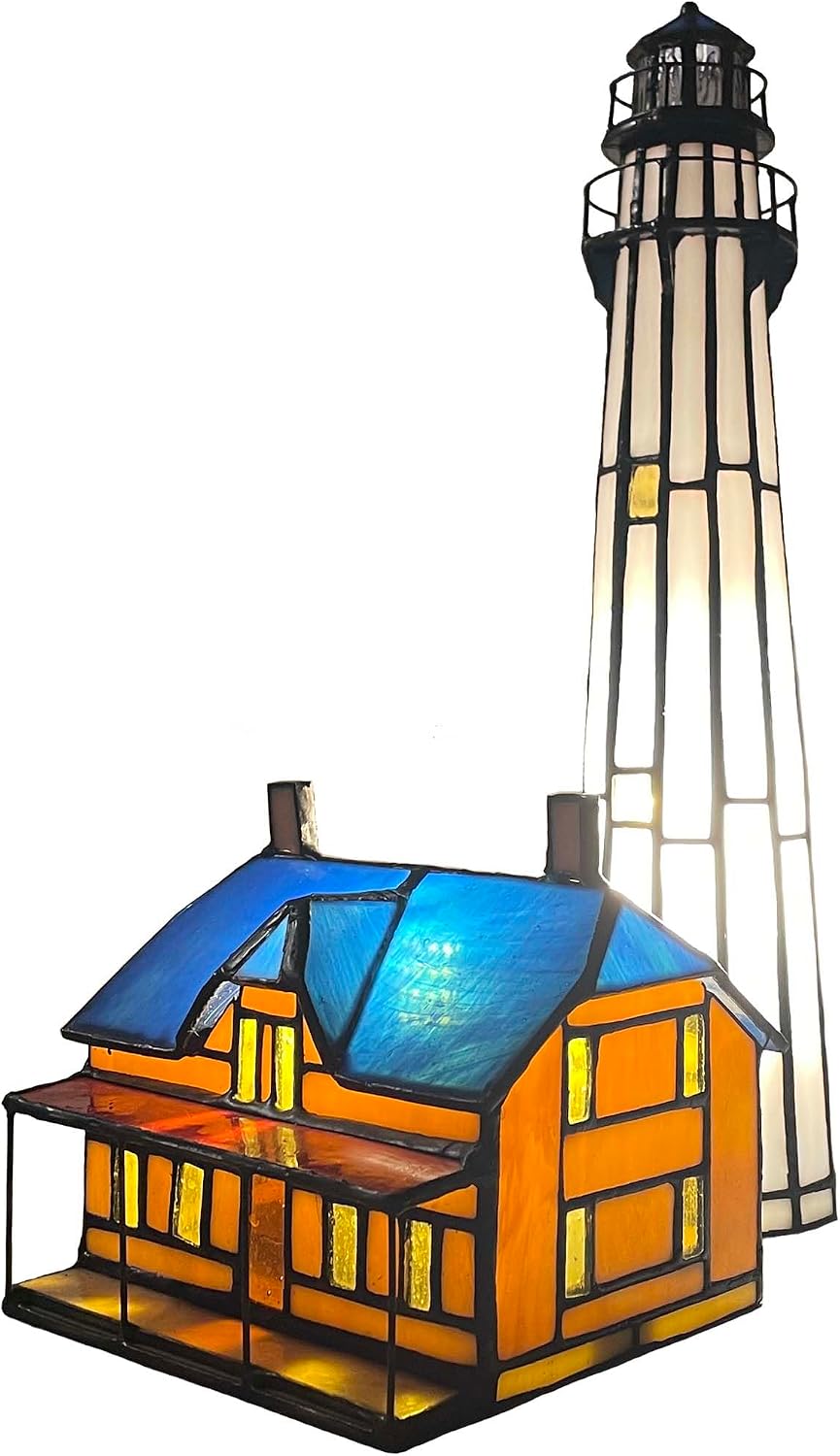 Bieye L10942 St Simons Lighthouse Museum Tiffany Style Stained Glass Accent Table Lamp for Home Decor