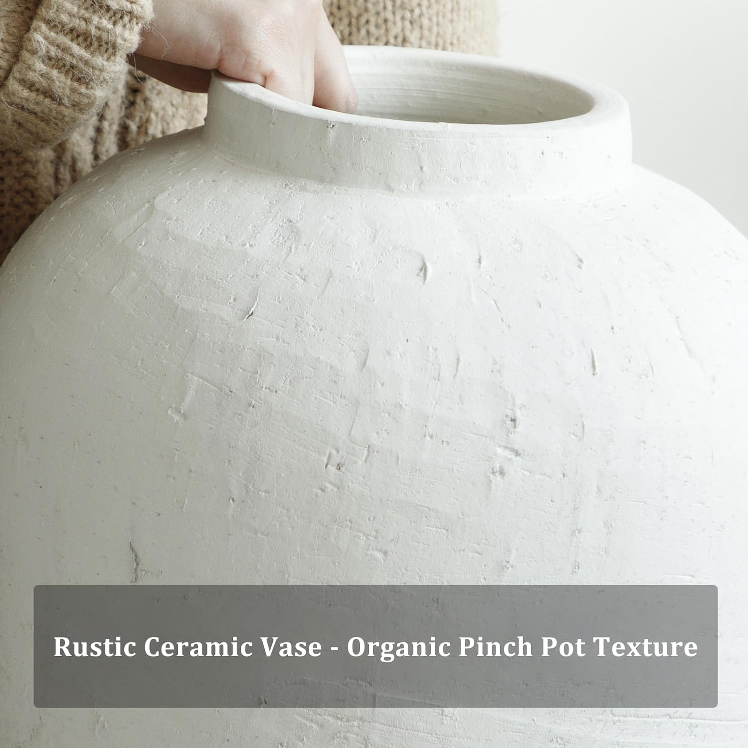 Large Ceramic Vase, 11' Rustic Farmhouse Terracotta Vase for Home Decor, Artisan Decorative Flower Vase for Living Room, Table Centerpiece, Bedroom (Rustic White)