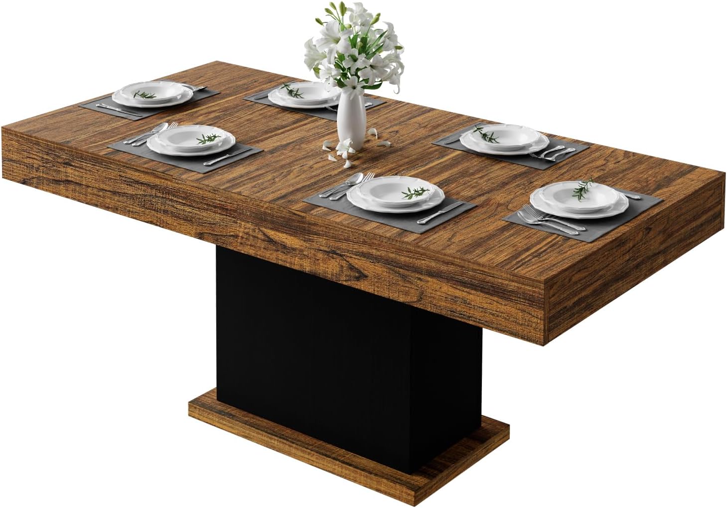 55' Dining Table for 4 to 6 People, Farmhouse Wood Dinner Table with Drawers & Led Lights for Kitchen, Dining Room & Living Room (Oak Brown & Black)