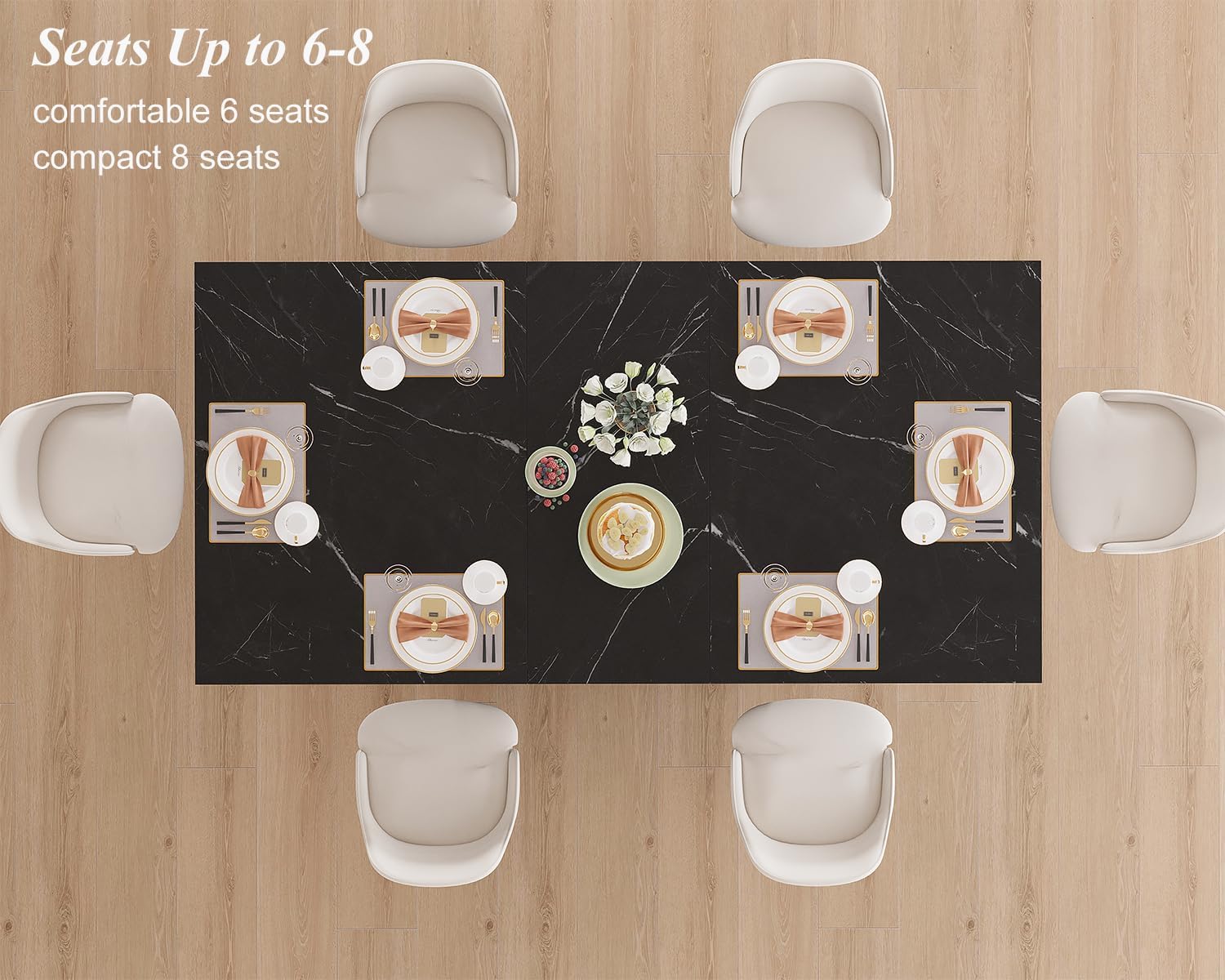 HSH Black Faux Marble Dining Table, 63 inch Modern Dinner Table for 6 Person, Farmhouse Rectanglur Kitchen Table for Living Room, Long Wood Dining Room Tables with strong Pedestal, Black Marble, 63 In