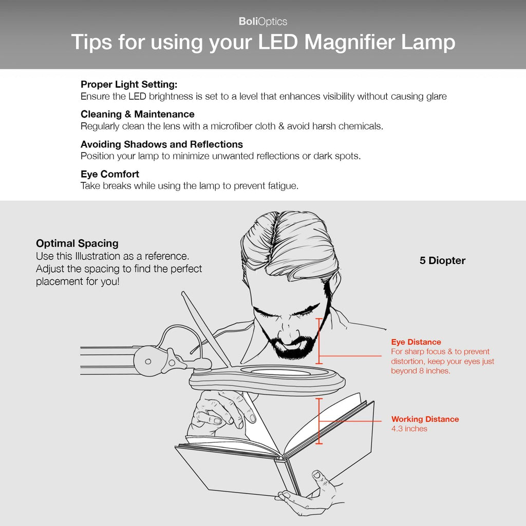 BoliOptics (Glass Lens) Professional LED Magnifying Lamp with Clamp, Dimmable, 1200 Lumens, 5600K-6000K Daylight Bright 60 SMD LED, Work Light Mounting Bracket Clamp (5 Diopter) MG16303221