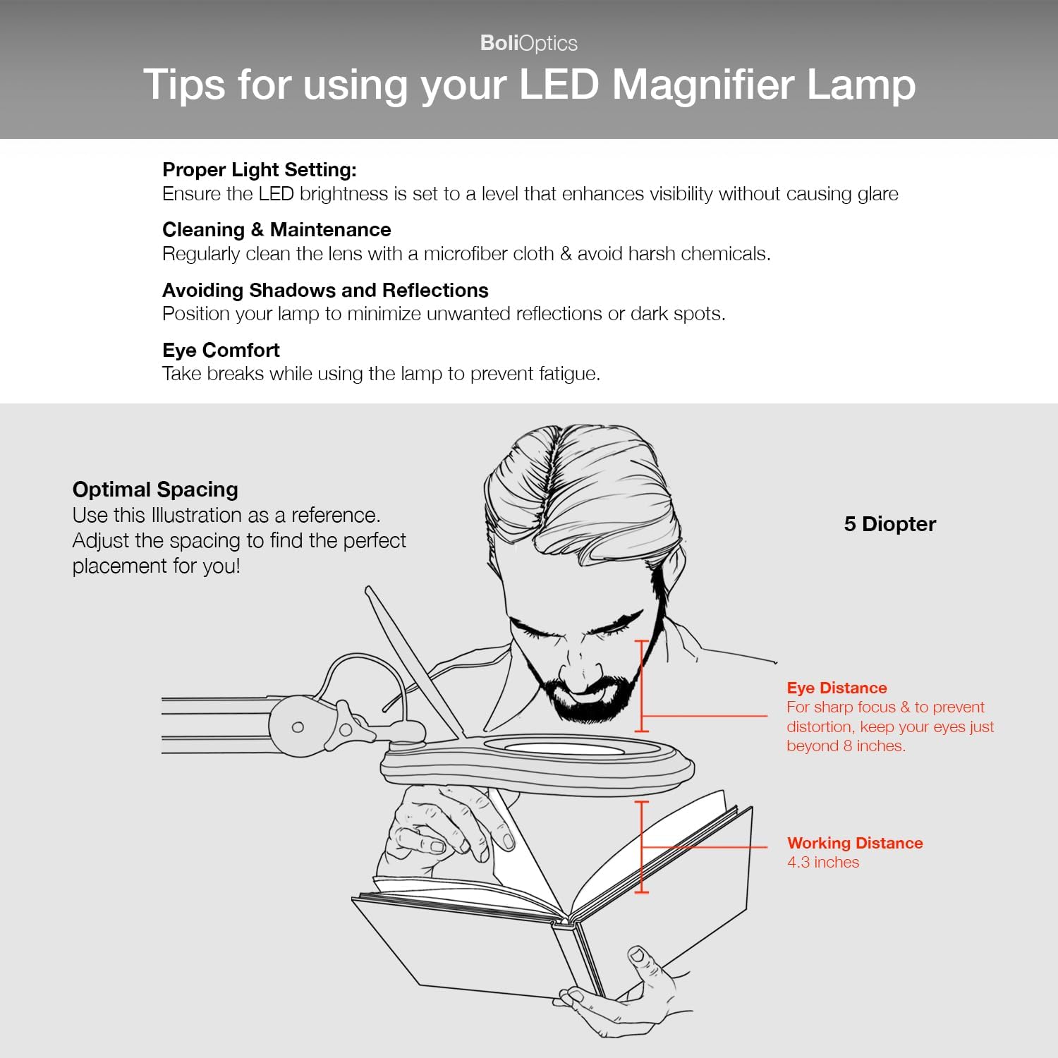 BoliOptics (Glass Lens) Professional LED Magnifying Lamp with Clamp, Dimmable, 1200 Lumens, 5600K-6000K Daylight Bright 60 SMD LED, Work Light Mounting Bracket Clamp (5 Diopter) MG16303221