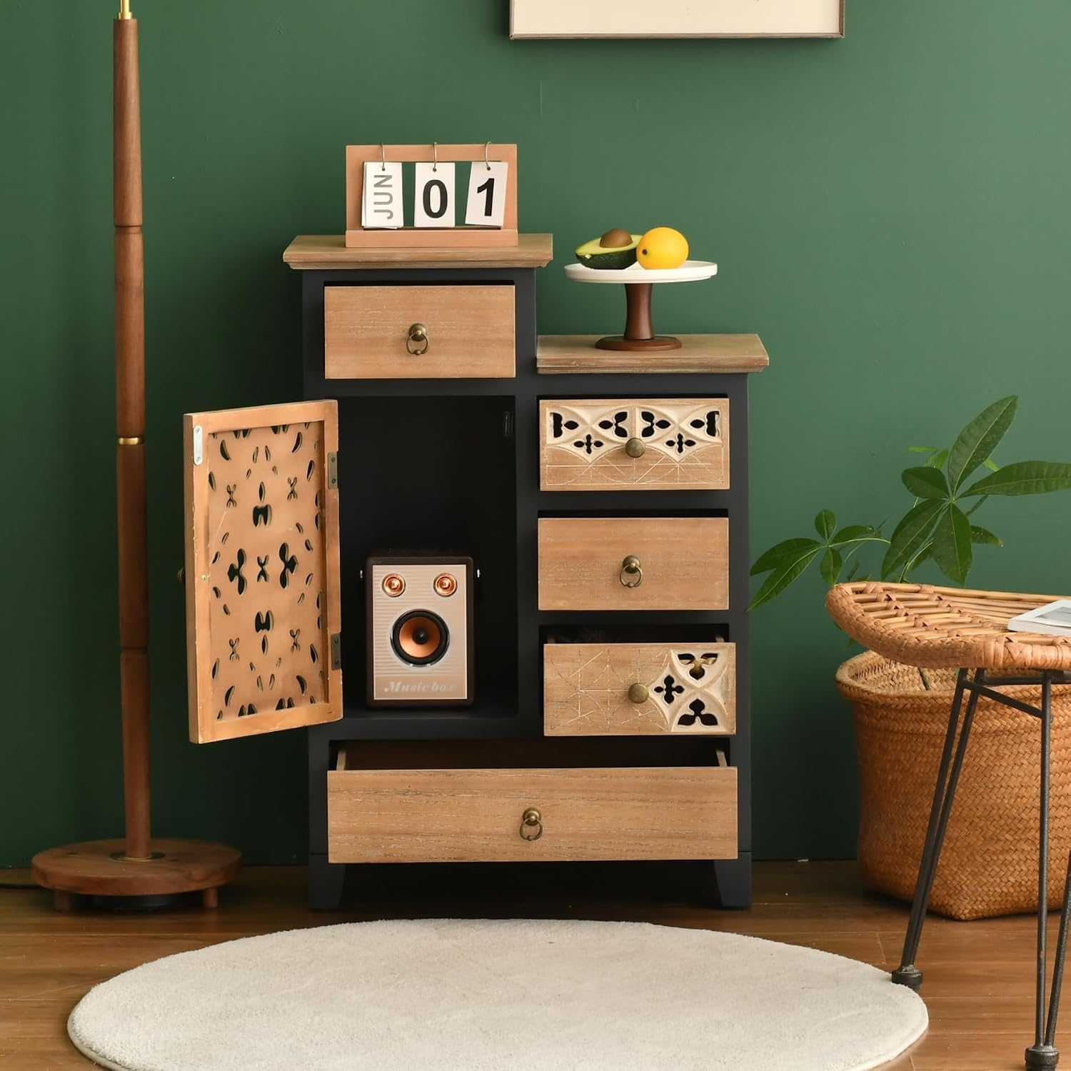 Ahokua Farmhouse Accent Chest with Carved Door and 5-Drawers, Vintage Storage Cabinet Modern Dresser for Living Room, Entryway, Hallway, Multi-Drawer Organizer, Natural and Deep Blue