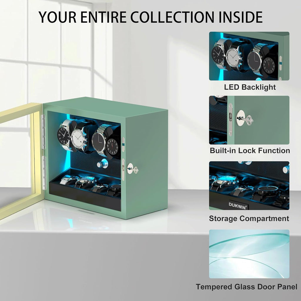 XTELARY Lockable Automatic Watch Winder - 4/6/8/12 Watch Storage, 4 Rotation Modes, Quiet Motor, Backlight