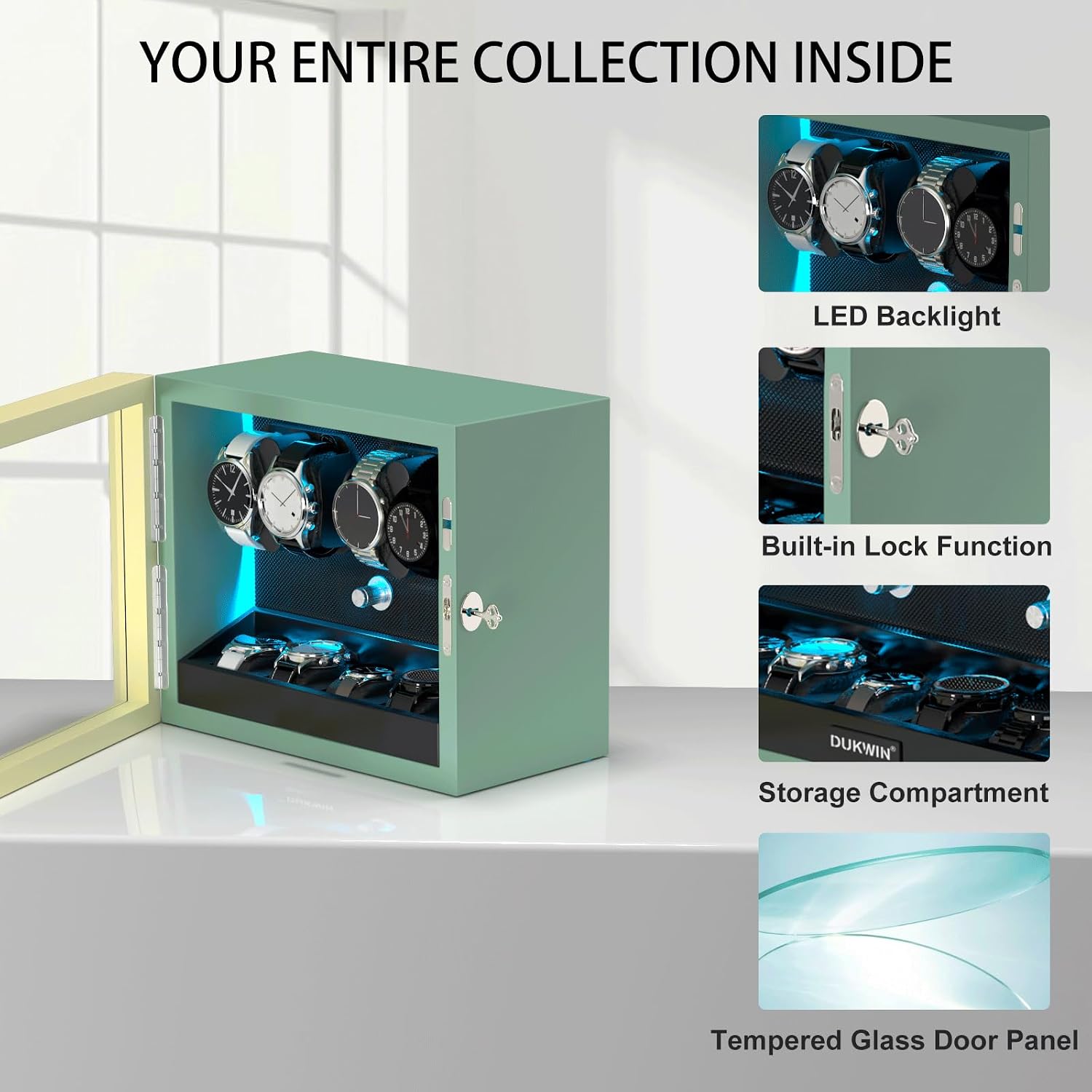 XTELARY Lockable Automatic Watch Winder - 4/6/8/12 Watch Storage, 4 Rotation Modes, Quiet Motor, Backlight