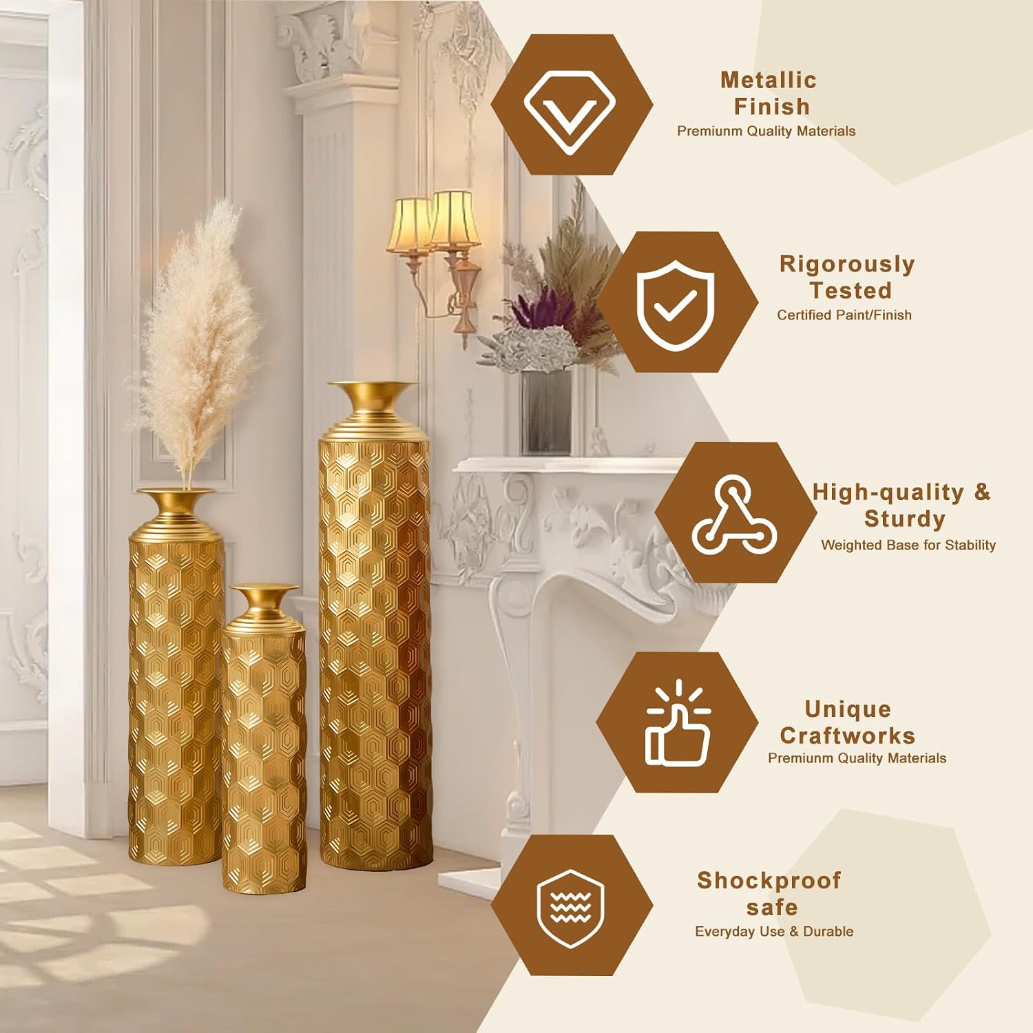 Set of 3 Gold Geometric Metal Floor Vases, 33.46' 25.59' 19.69' Tall Decorative Vase with Honeycomb Texture, Luxury Glam Floor Vase for Living Room, Entryway, Office, Pampas Grass & Dried Flower Decor