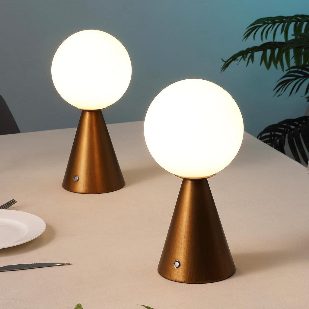JONATHAN Y 11.75' Antique Gold Macie Modern Globe Cordless Table Lamp Set of 2, Rechargeable Dimmable Integrated LED Touch Sensor Bedside Lamp, White Frosted Glass Shade (JYL7159D-SET2)