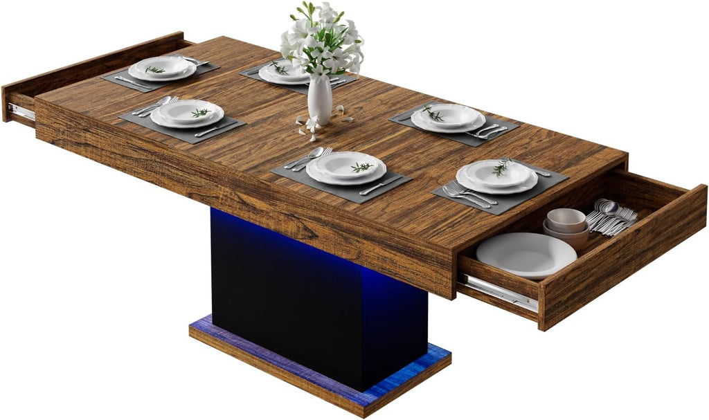 55' Dining Table for 4 to 6 People, Farmhouse Wood Dinner Table with Drawers & Led Lights for Kitchen, Dining Room & Living Room (Oak Brown & Black)